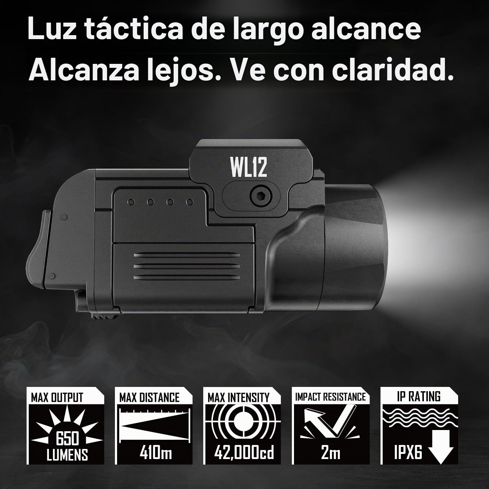 AIMWIN WL12 Linterna Táctica 650 Lúmenes 410m Alcance Largo 42000 Candela Recargable Magnética Compacta para Pistolas con Rail Glock/Picatinny 1913