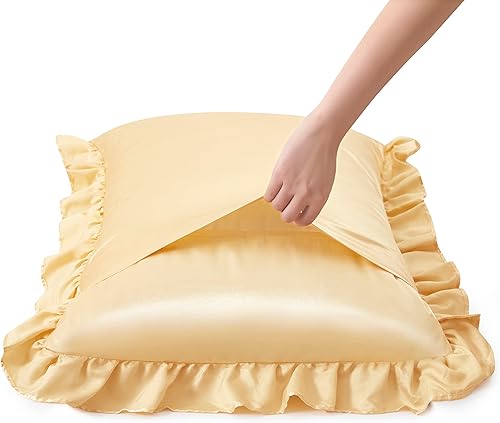 Miniatura 3 de HommxJF Juego de 2 fundas de almohada de satén sedoso con volantes para cabello y piel, fundas de almohada de seda dorada tamaño King con cierre de