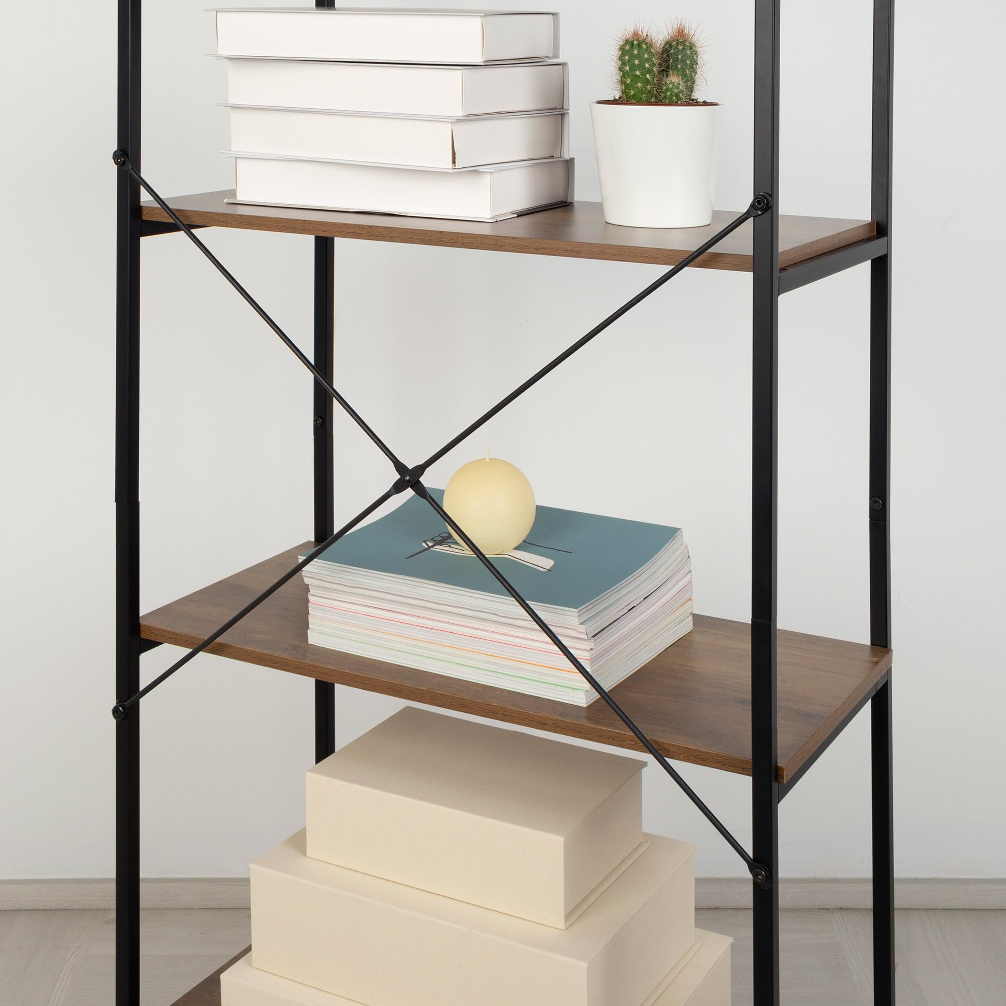 AKTIVE MAX Home Estantería almacenaje, 60x30x120 cm, 4 estantes, Acero y Madera, Fácil Montaje, Resistente, Duradera, Refuerzo Cruzado, Muebles salón, Estanterías Madera, Librería (18455)