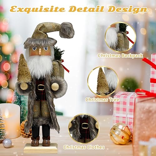 Miniatura 2 de Cascanueces de Papá Noel Figuras de cascanueces de madera hechas a mano de 15 pulgadas con sombrero de Navidad, mochila de regalo, mesa temática de
