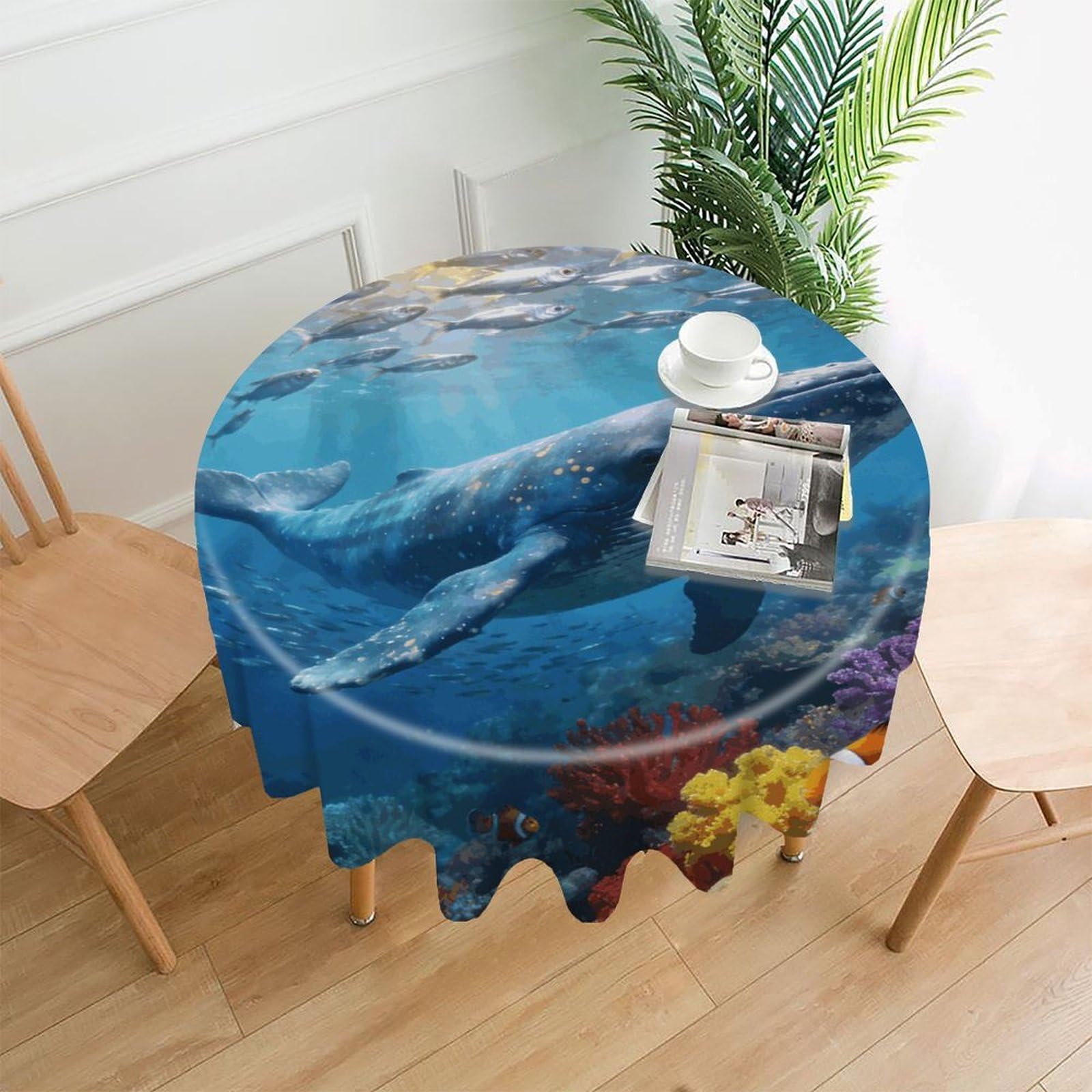 FekiLoot Underwater World of The Ocean Round Tablecloth Cover 60 Inch Wrinkle Free Washable Polyester Fabric Table Cover Decorative Round Table Cloth for Home Dining Kitchen Party Farmhouse