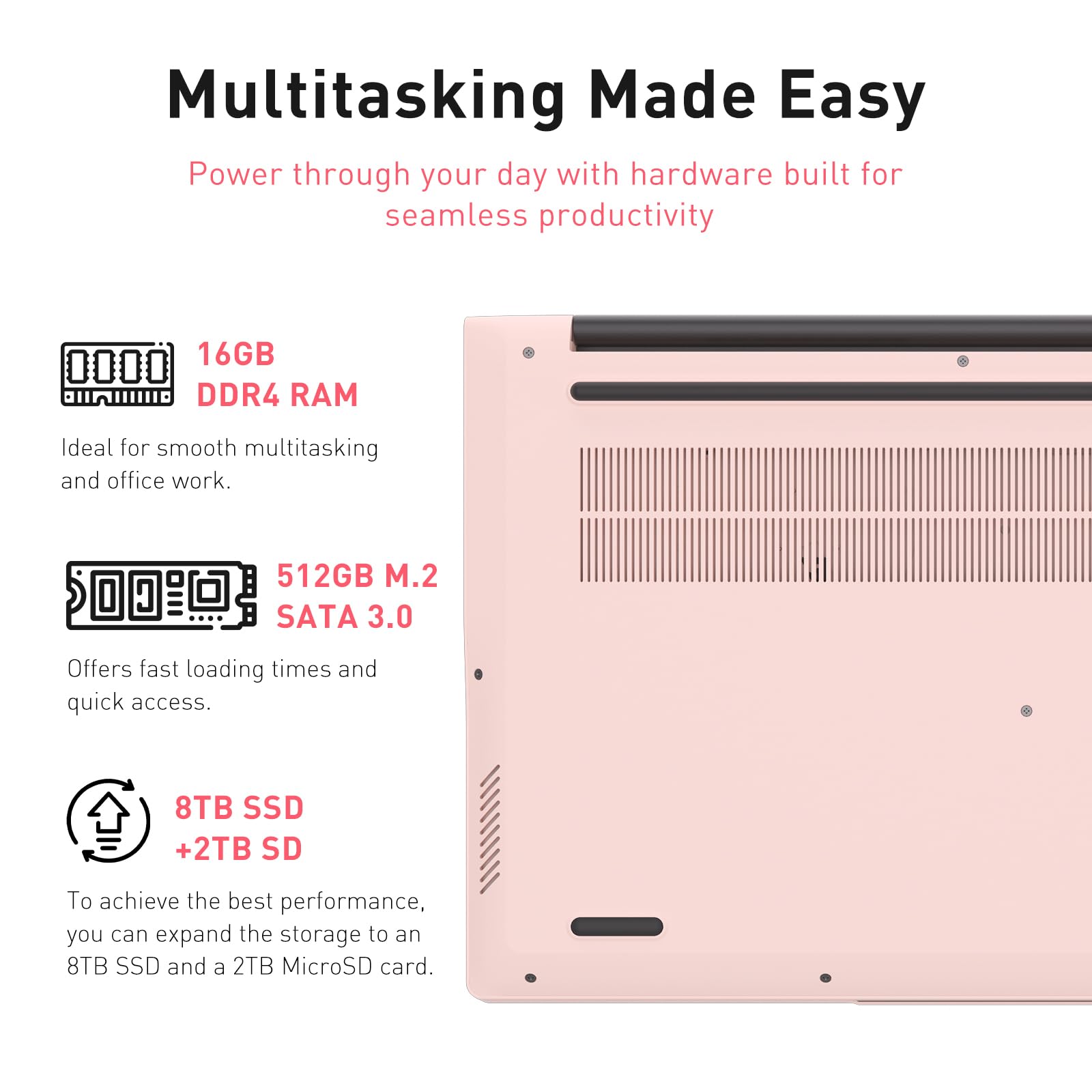 Auusda 15.6" FHD Laptop for Students & Work, 16GB Dual RAM, 512GB SSD, Backlit Keyboard, Fingerprint Sensor, Pro System, Dual core Processor, Full-featured USB C, USB 3.0/2.0, HDMI, Pink — view 7