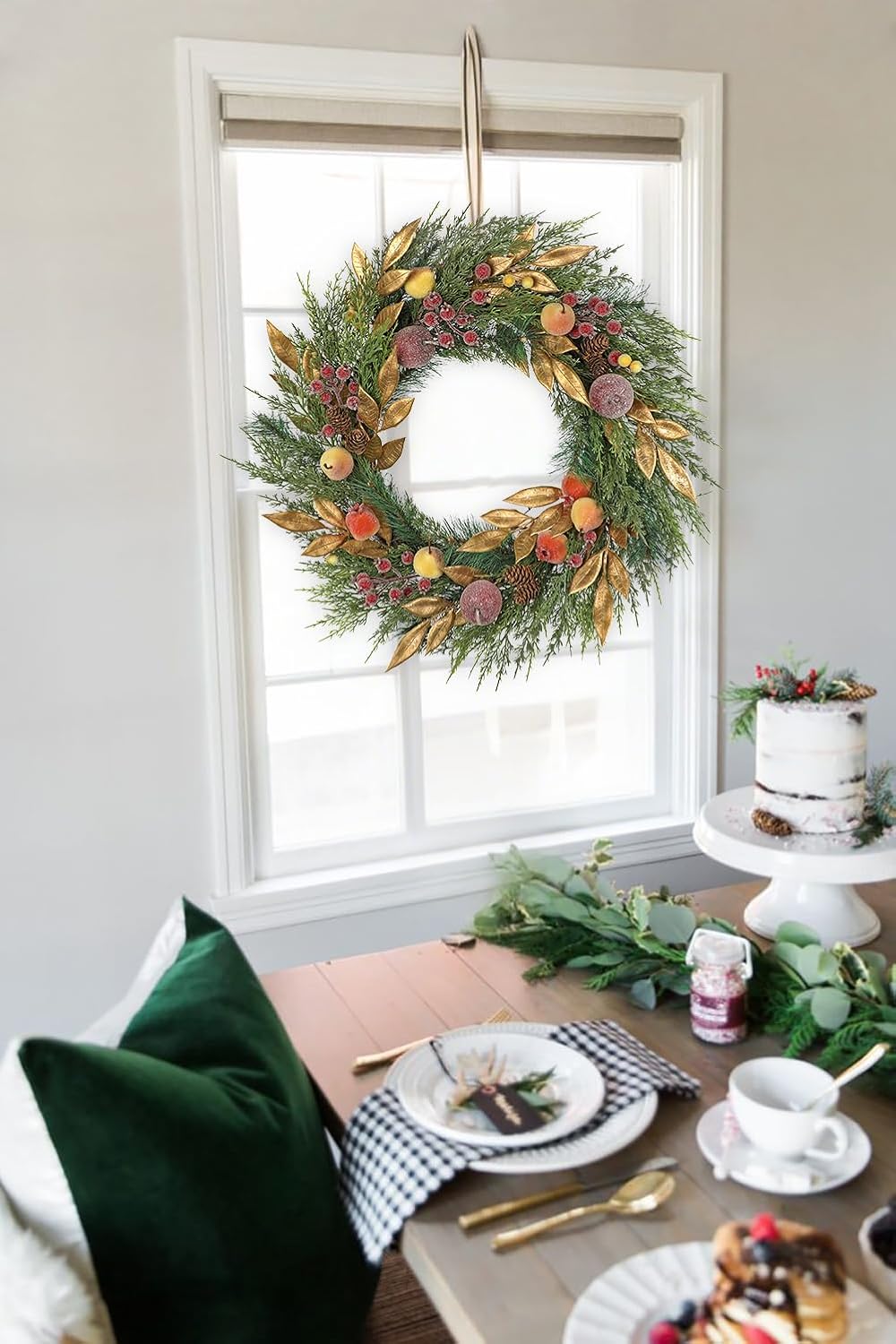 24 Inch Christmas Wreath for Front Door with Fake Fruit, Large Xmas Wreath with Eucalyptus Leaves for Indoor & Outdoor, Artificial Christmas Wreaths for Door Wall Mantel Porch, Winter Holiday Wreath - Image 9