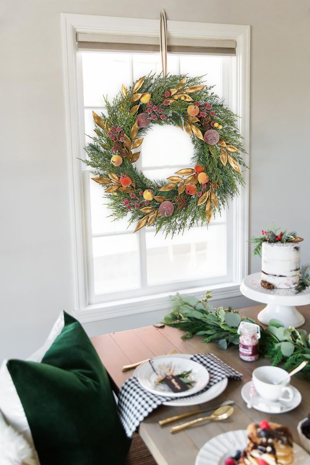 Türkranz 60 cm Kranz Zypresse Künstlich Türkranz Tischkranz mit Beeren Tannenzapfen Früchte zum Aufhängen Ganzjährige Dekoration Weihnachtsdeko für Zuhause Wand