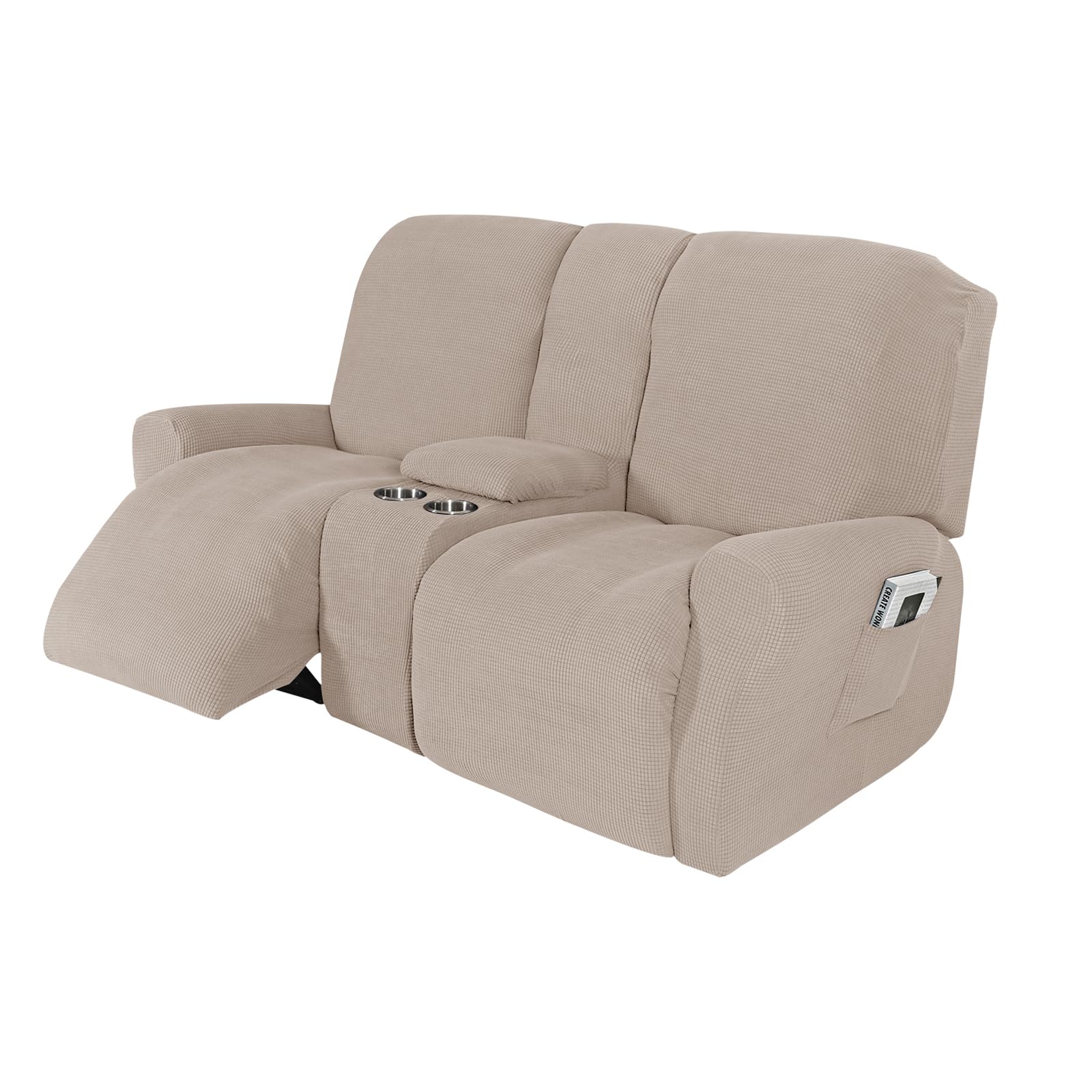 Hypiqq Khaki 8-Piece Jacquared Stretch Loveseat Reclining Sofa Covers Reclining Love Seat With Middle Console Slipcover Stretch Recliner Cover,,2 Seat