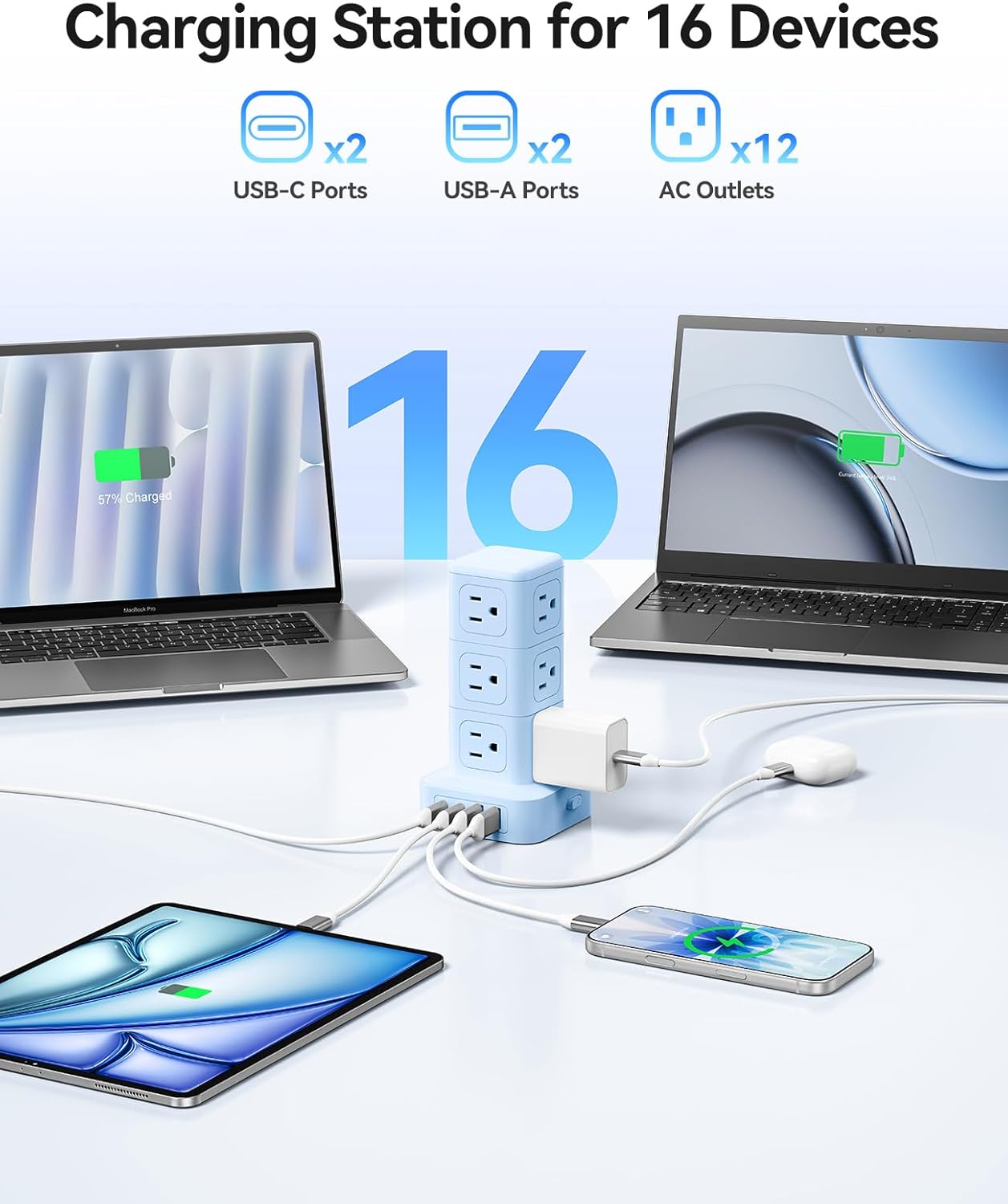 ORICO Power Strip Tower with Multiple Outlets, Tower Extension Cord with 12 AC Outlets 4 USB Ports (2 USB C), Space Saving Design, 5FT Cord Power Tower for Home, Office, Dorm - TPP20
