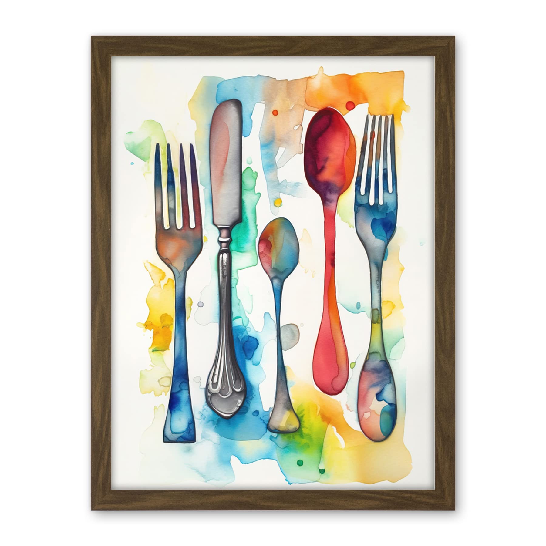 Artery8 Cutlery Forks Spoons And Knife Watercolour Painting Artwork Framed Wall Art Print 18X24 Inch