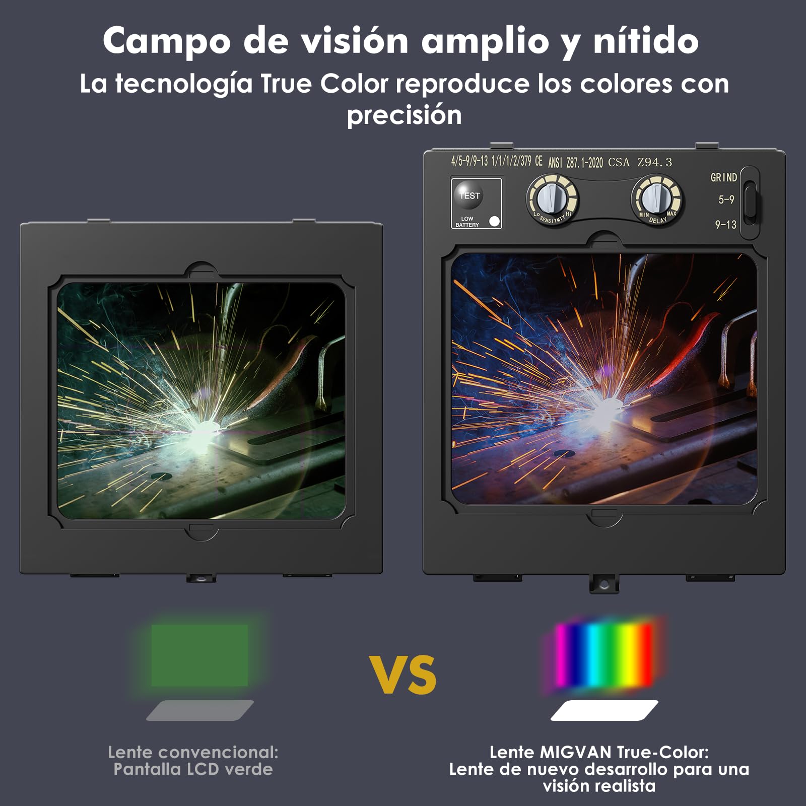 Careta Soldar Automática 0,1 ms oscurecimiento automático – Máscara Soldar True-Color, 100×82 mm, Solar y batería, DIN 4/5-9/9-13 – Careta de Soldar MIG TIG MMA ARC Esmerilado H21