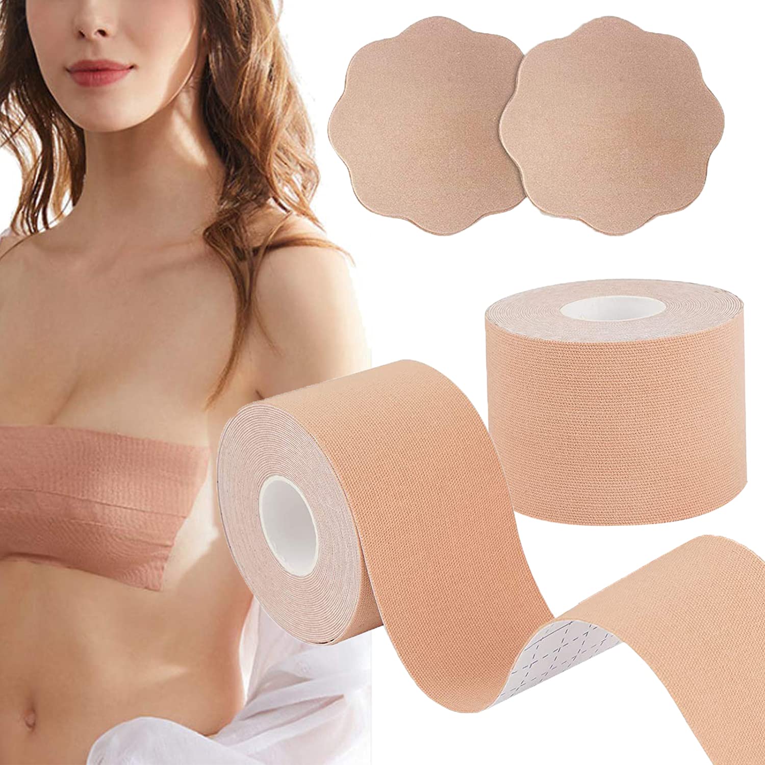 HHOOMY Boob Tape, Bob Tape for Large Breasts Invisible Body Tape Strapless Breast Lift Tape Push Up Breathable Adhesive Bra Chest Supports Tape for Clothes Dresses(2 Rolls) Beige