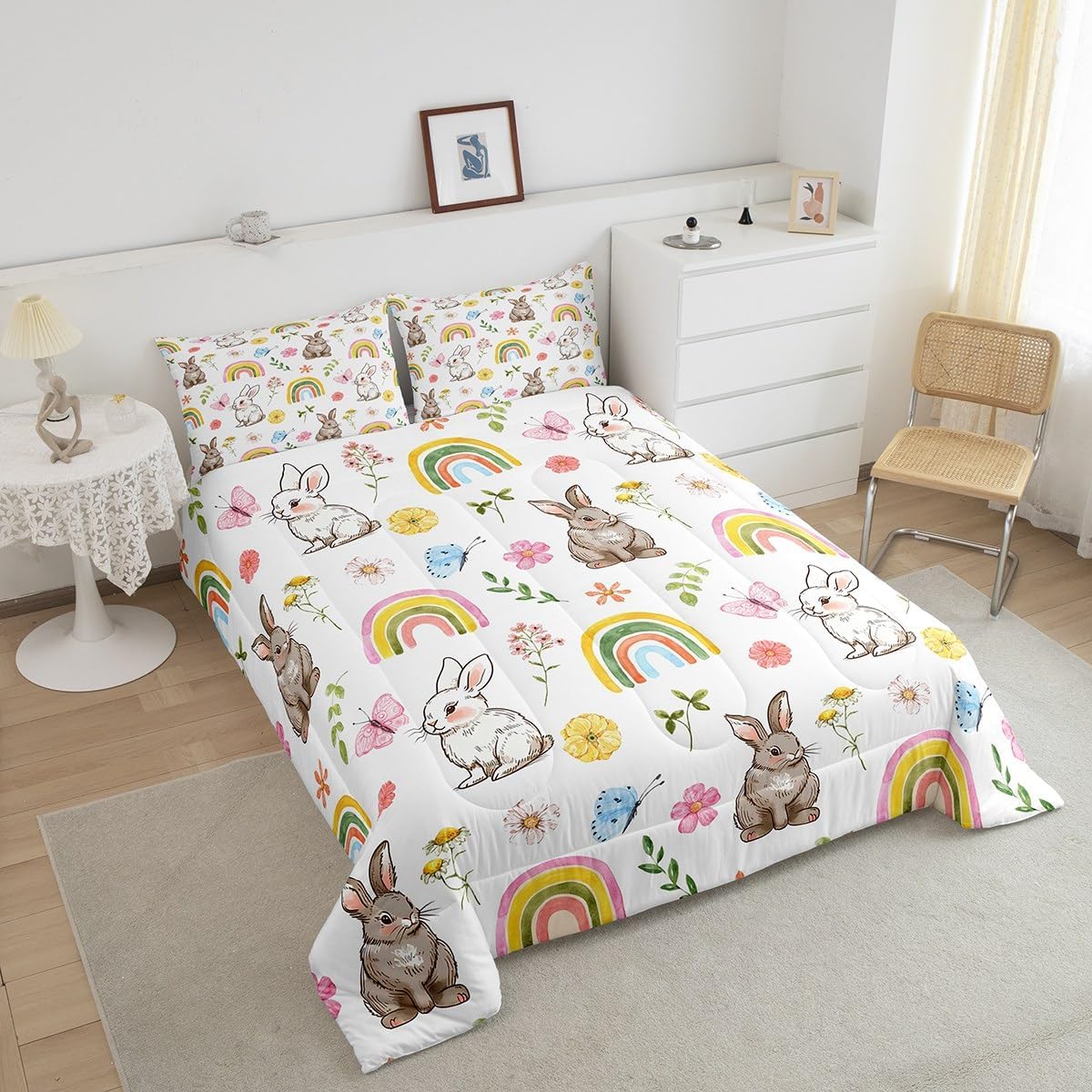Feelyou White Brown Rabbit Comforter Twin Size Cartoon Cute Bedding Set for Boys Girls Children Rainbow Comforter Set Floral Butterfly Quilt Set 2Pcs