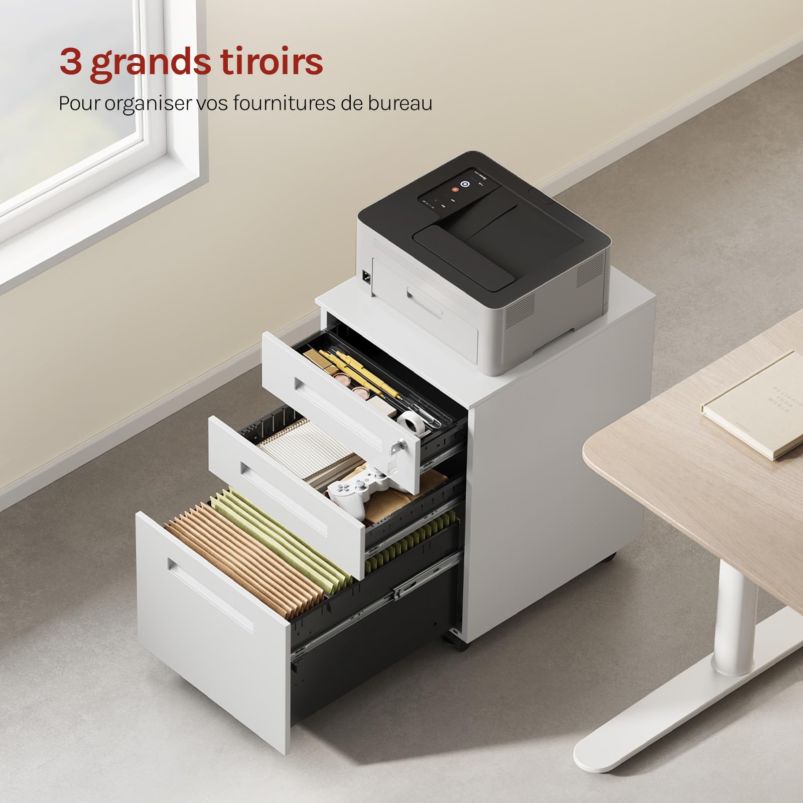 WOLTU Caisson de Bureau, avec Serrures et roulettes, Blanc | Caisson de Rangement, pour Bureau Studio, en Métal avec 3 Tiroirs pour Dossiers