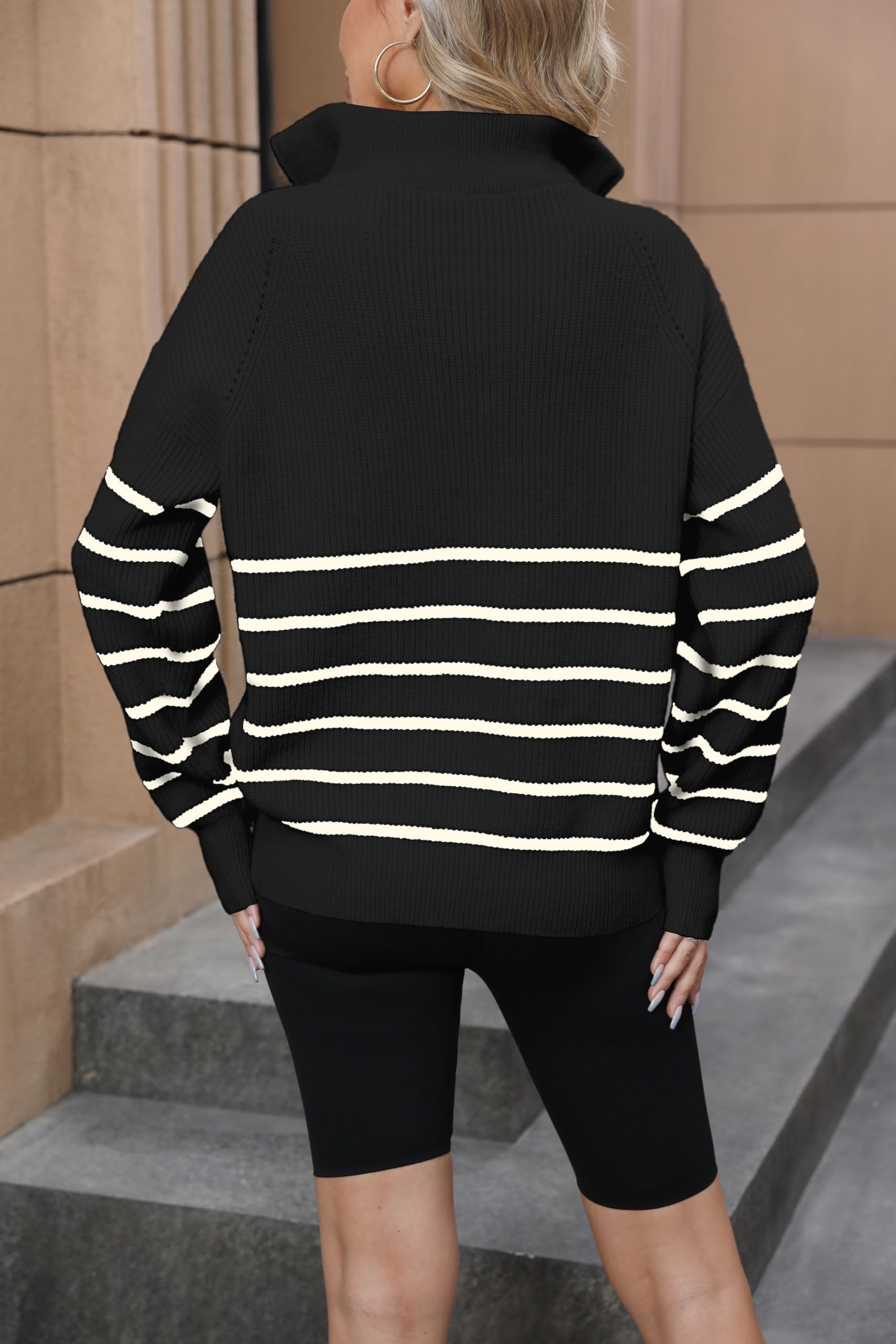 Maglione da donna a righe con mezza cerniera pullover maglione a maniche lunghe a costine lavorato a maglia oversize oversize, nero, XL