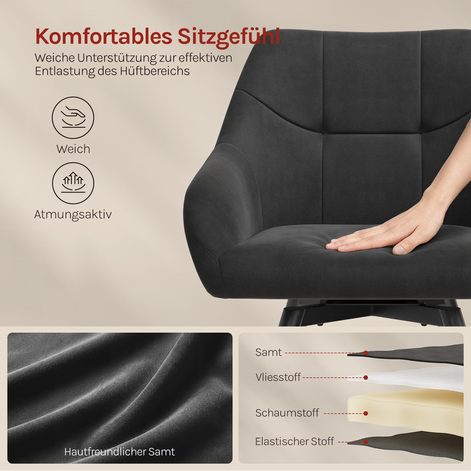 WOLTU Drehbare Esszimmerstühle 4er Set, Küchenstühle mit Armlehen | Bezug aus Samt, Metallbeine, für Wohnzimmer Küche Esszimmer, Schwarz