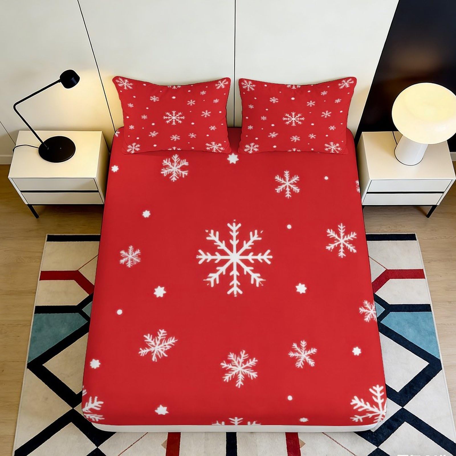 3D Printed Snowflake Fitted Sheet Microfiber Deep Pocket Full Wrap Bedroom Bedding Snowflake Mattress Fitted Cover Washable for Home 180x200x25cm
