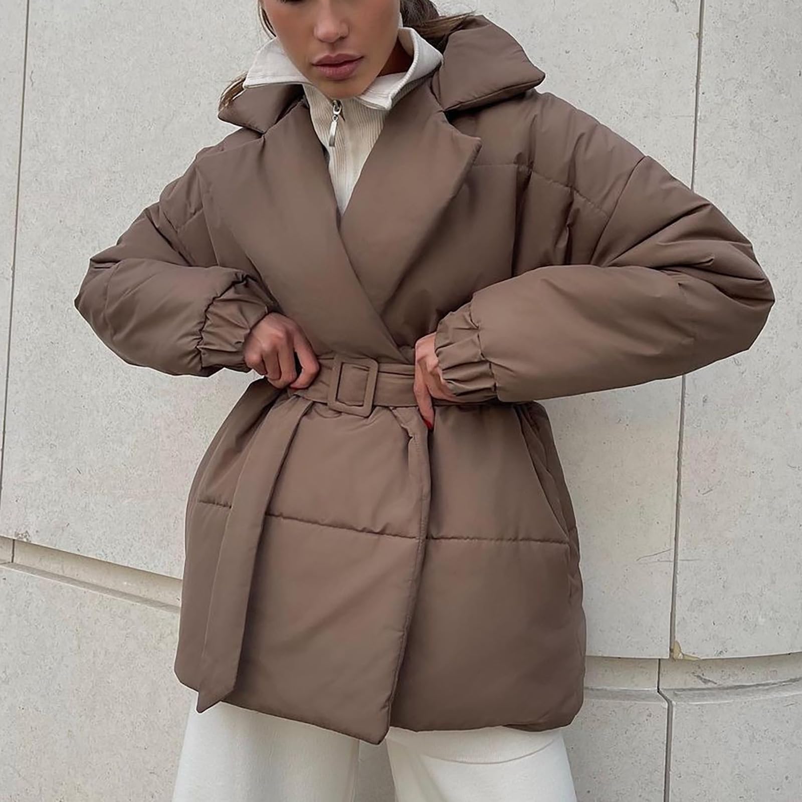 Chaqueta ligera de plumón para mujer, abrigos de invierno para mujer, parka con cinturón, chaqueta acolchada de color sólido, abrigos cálidos de invierno para mujer, abrigos acolchados de manga larga