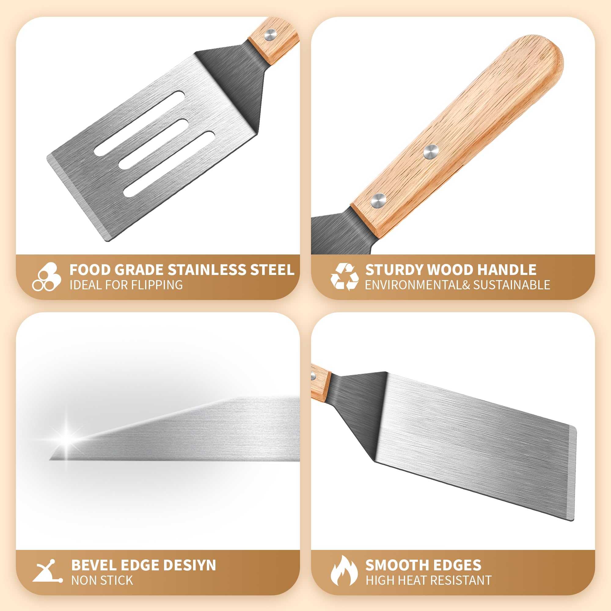 Espátula de metal, espátula para servir y girar con mango de madera, ideal para panqueques, brownies, postres, galletas, huevos o sartenes pequeñas