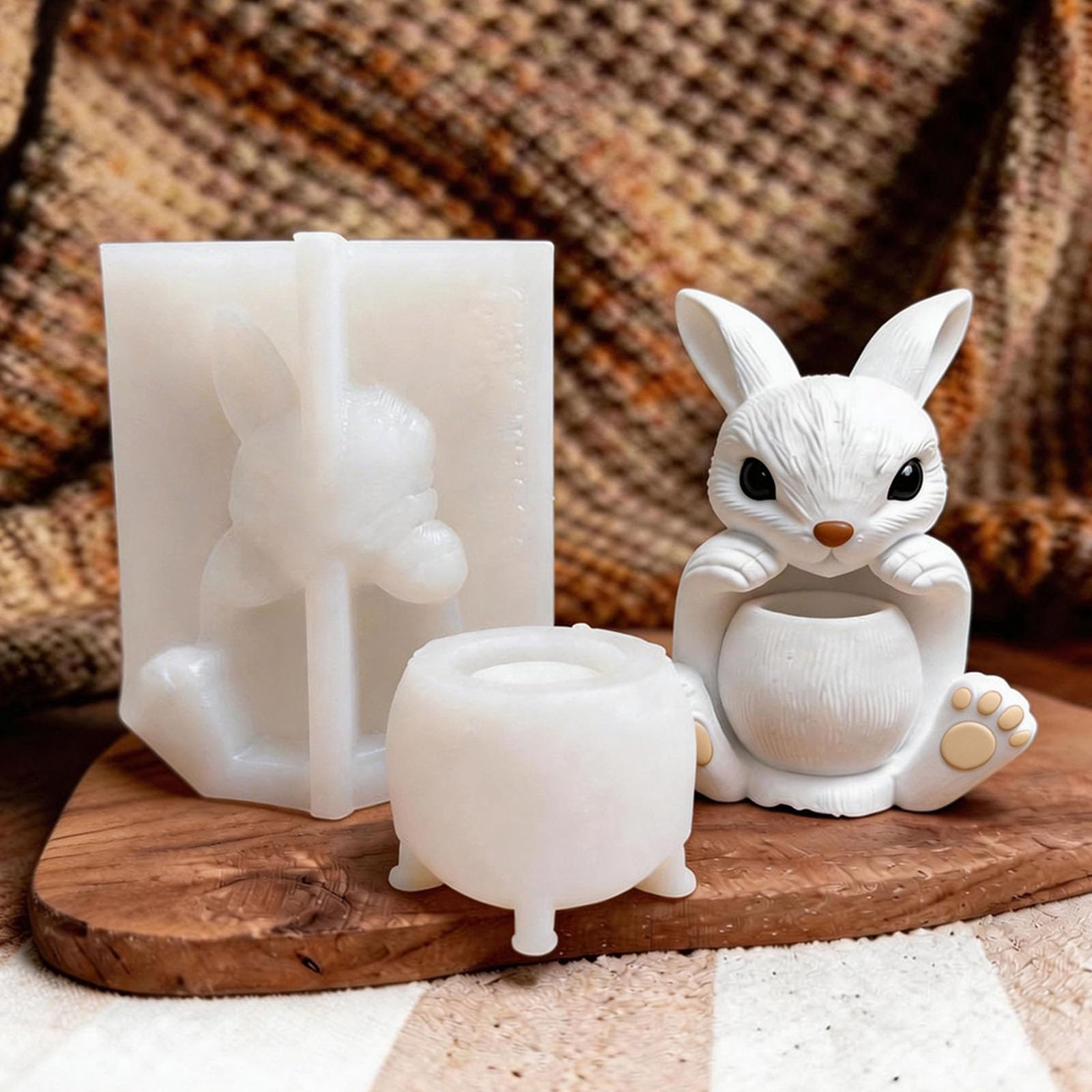 Molde artístico de silicona para hacer velas decorativas en forma de conejo y tazón, accesorios hechos a mano para velas