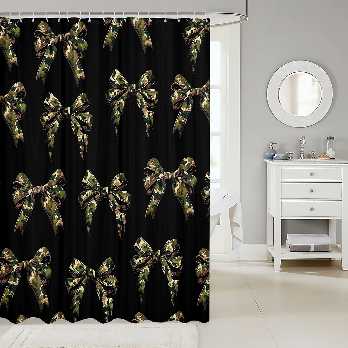 jejeloiu Cute Bowknot Bathroom Accessories 72"x78" Camouflage Shower Curtain for Bathroom Decor for Kids Boys Girls Green Bow Bath Curtain Waterproof Polyester Fabric Kawaii