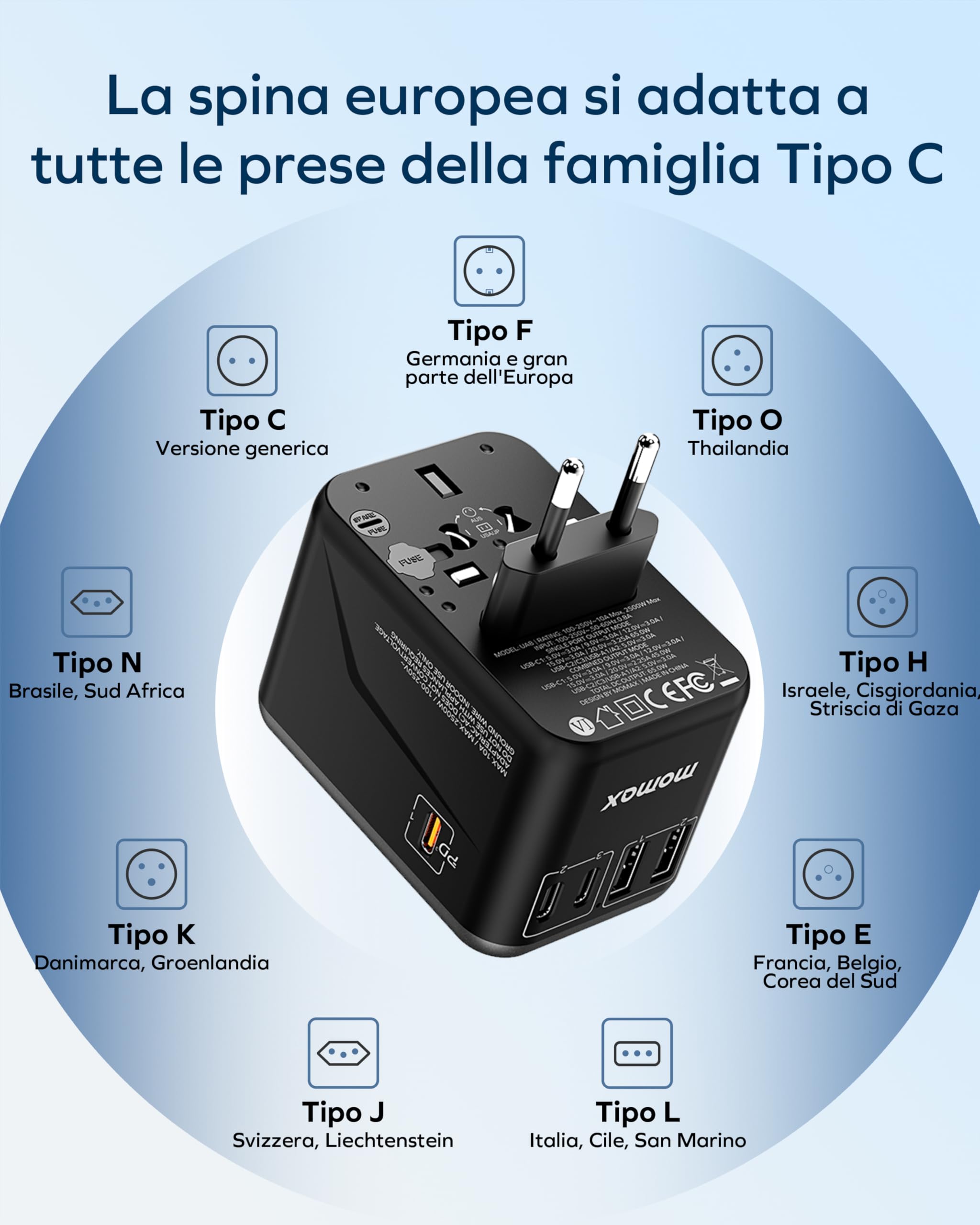 MOMAX Adattatore Universale da Viaggio GaN 70 W, Presa Universale da Viaggio con 3 USB-C e 2 USB-A e 1 AC, Adattatore da Viaggio Italia Inghilterra Germania America Australia e 224+ Paese(Nero)