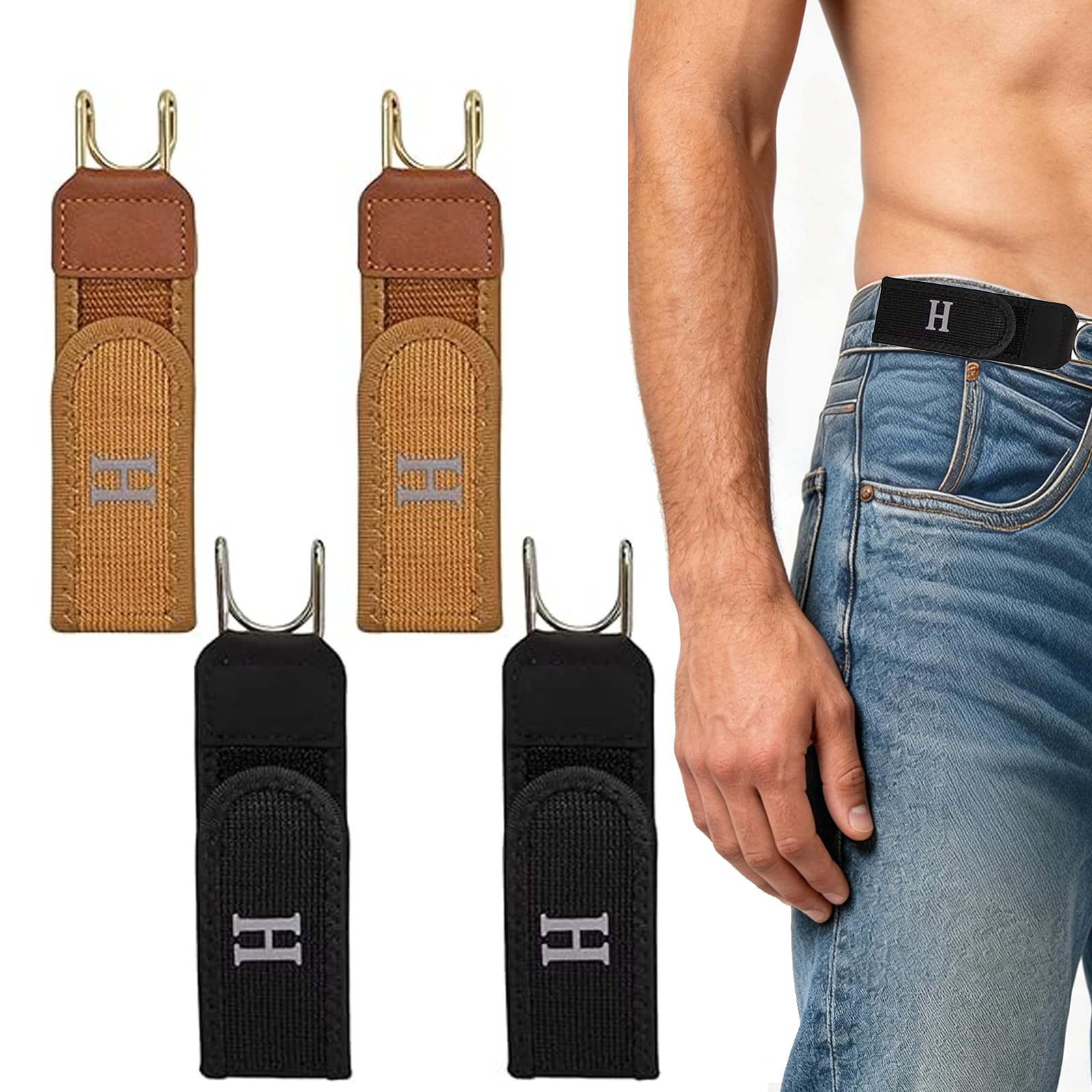Ziibars Unisex Black 4Pcs No Buckle Belts For Men & Women, Elastic Stretch Invisible Belt With Metal Hook, Adjustable Buckless Belt For Jeans, Work, Casual And Business Wear, & Brown