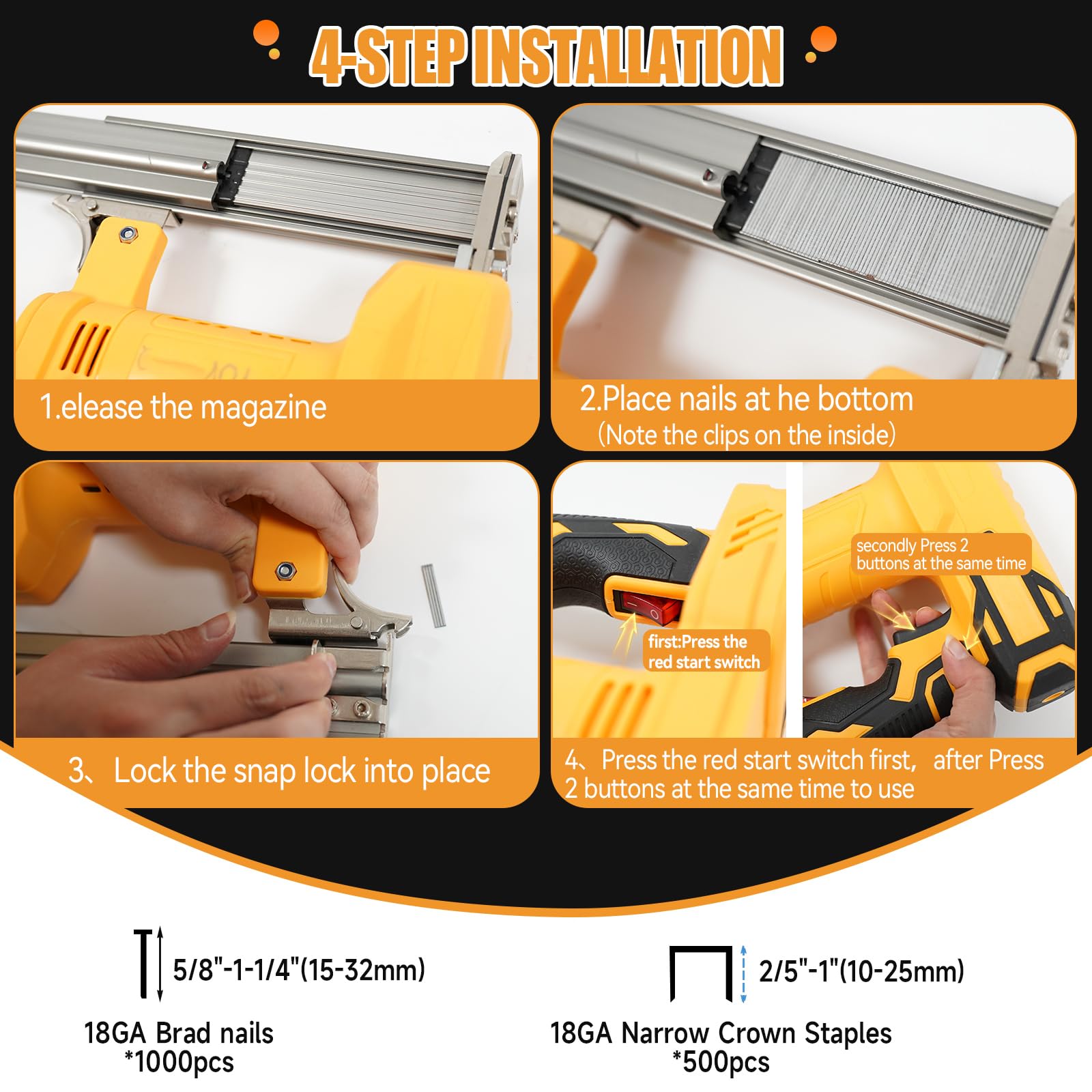 Clavadora inalámbrica para batería Dewalt de 18 V y 20 V, 18 GA 2 en 1, pistola grapadora eléctrica, 1000 clavos rectos y 500 clavos en U incluidos para mejoras del hogar y carpintería