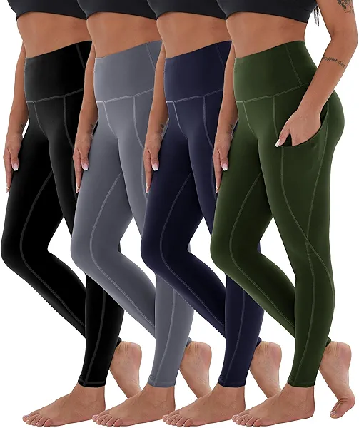 CAMPSNAIL 4 Pack Yoga Pants with Pockets for Women - High Waist Tummy Control Soft Leggings for Workout Gym 4 Pack-black/Dark Gray/Navy/Army Green Large