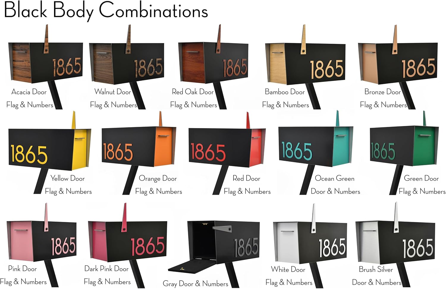 Contemporary Post Mount Mailbox with Aluminum (ACP) Black Body and Color Options for Door and Numbers