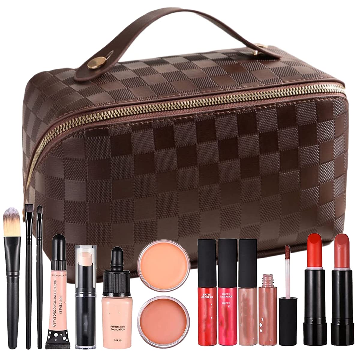 CIREA Brown Large Capacity Travel Cosmetic Bag Plaid Checkered Makeup Bag PU Leather Waterproof Skincare Bag with Handle and Divider (Deep Brown)