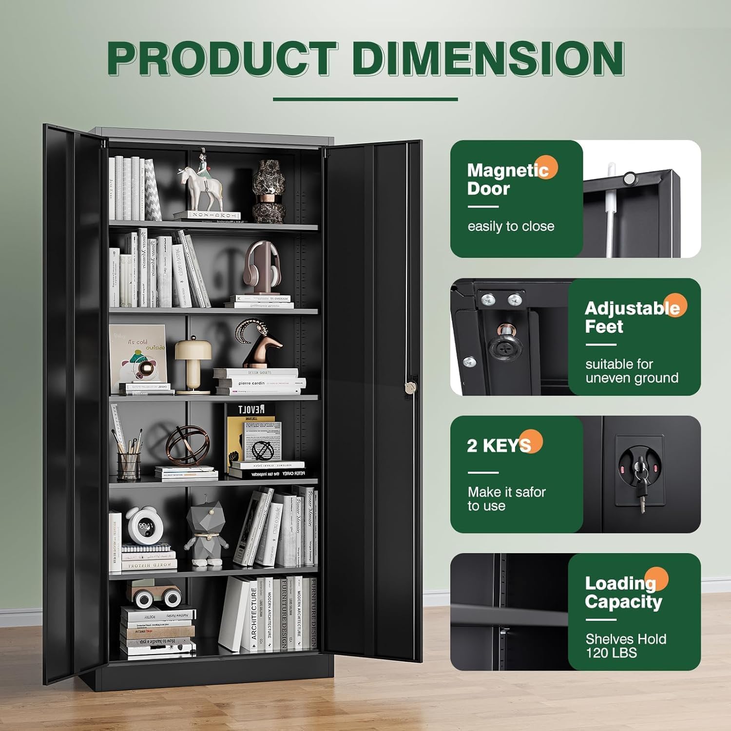 Close-up of Letaya Metal Storage Cabinet features: magnetic door, adjustable feet, key lock, and 120 lbs shelf capacity.