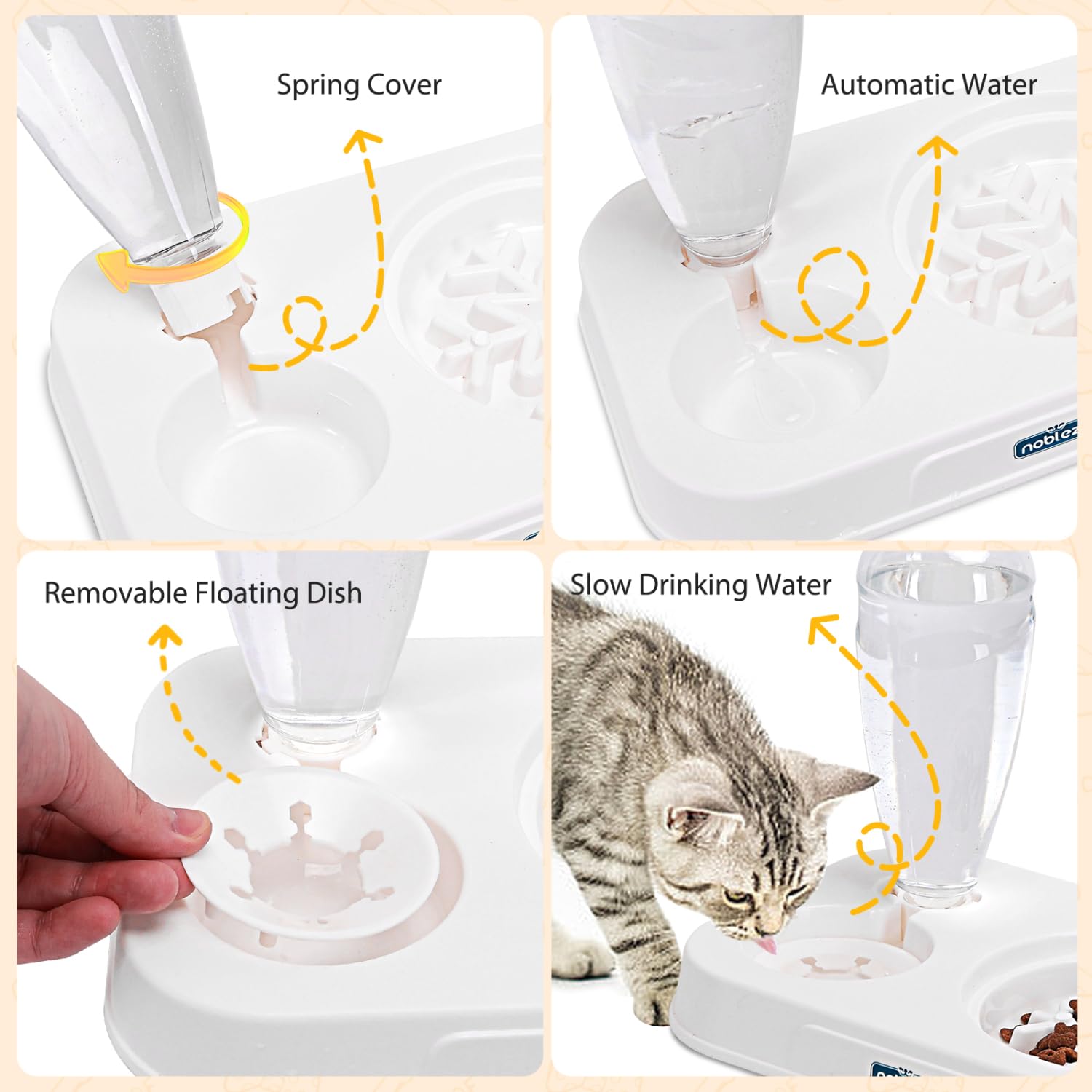 Nobleza Ciotole per Gatti Rialzate, Set 2 in 1 con Dispensatore Automatico Acqua e Feeder Lento, Inclinazione 15°, Bianco