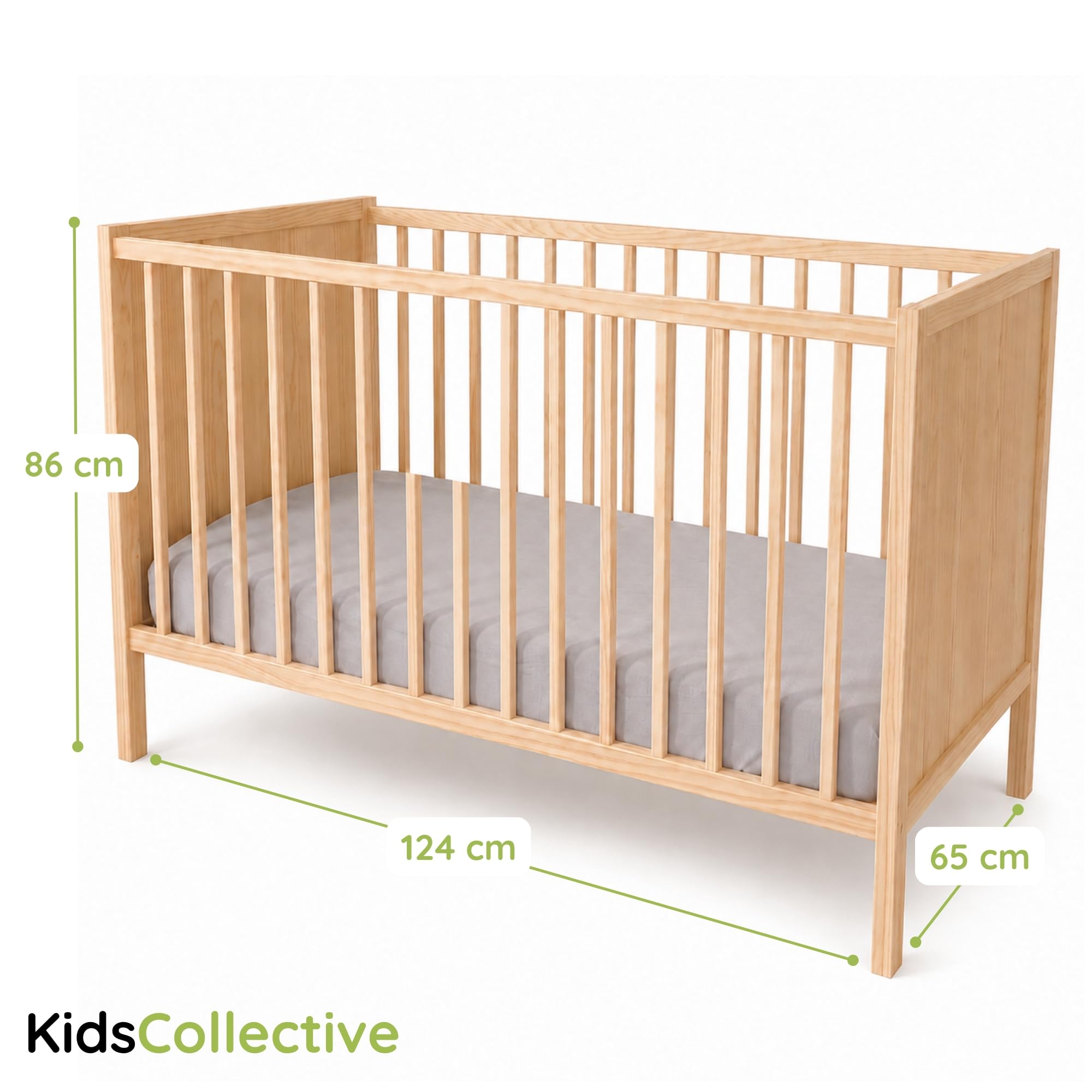 Kids Collective Babybett Kinderbett Beistellbett | Modulares Gitterbett Lattenrost 3-Fach höhenverstellbar & abnehmbare Sprossen | Baby Bett Holz Kinderzimmer | 120x60 cm | Natur