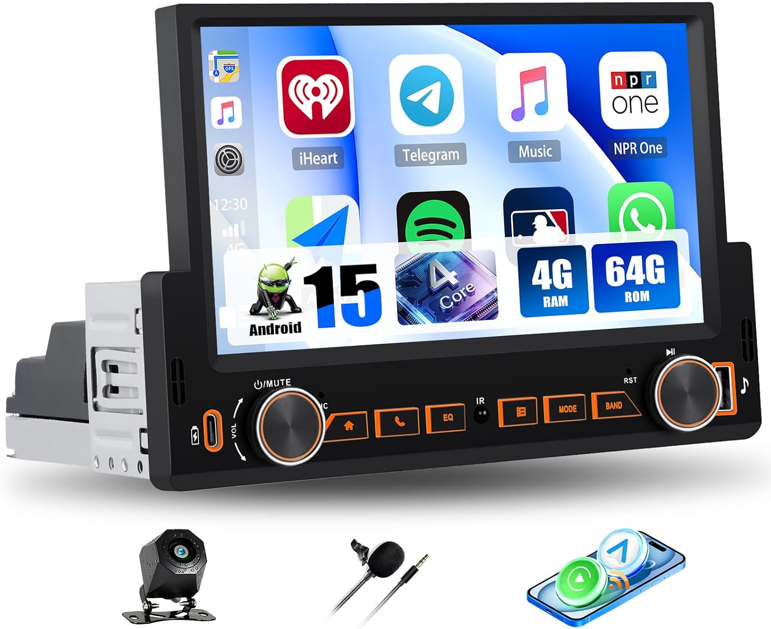 [4+64G] Android 15 Single Din Car Stereo with Wireless Carplay&Android Auto,7” Touchscreen Car Radio with WiFi GPS Mirror Link Bluetooth FM/RDS Radio EQ SWC+AHD Backup Camera