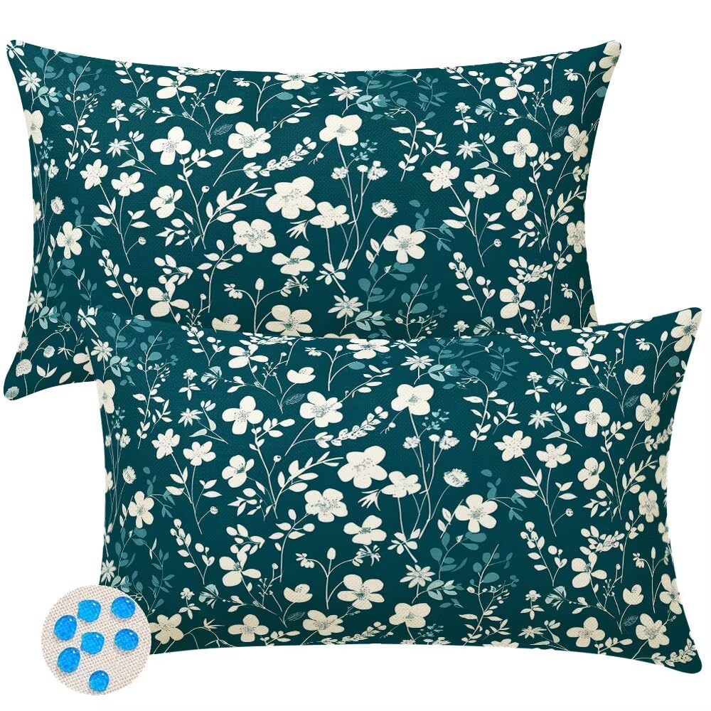 Outdoor Cushions Waterproof Cushion Covers 20cm x 30cm Pack of 2 Dark Green Garden Cushion Cover Spring Flowers Decorative Throw Pillow Covers 8 x 12 Inch Outdoor Pillowcase for Garden Patio -SC348