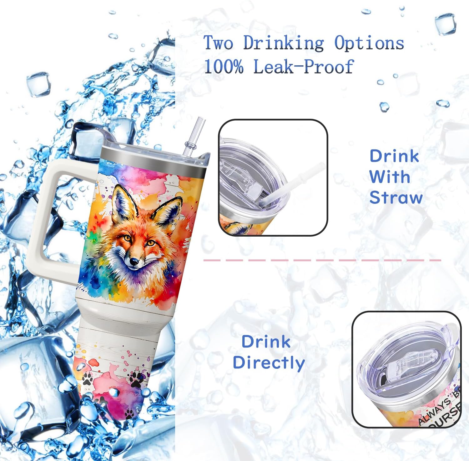 40oz Fox Tumbler with Handle and Straw, Stainless Steel Insulated Cup with Lid and Straw, Travel Coffee Mug Water Bottle, Birthday Mothers Day Gifts for Women Men Animal Lovers - Image 4