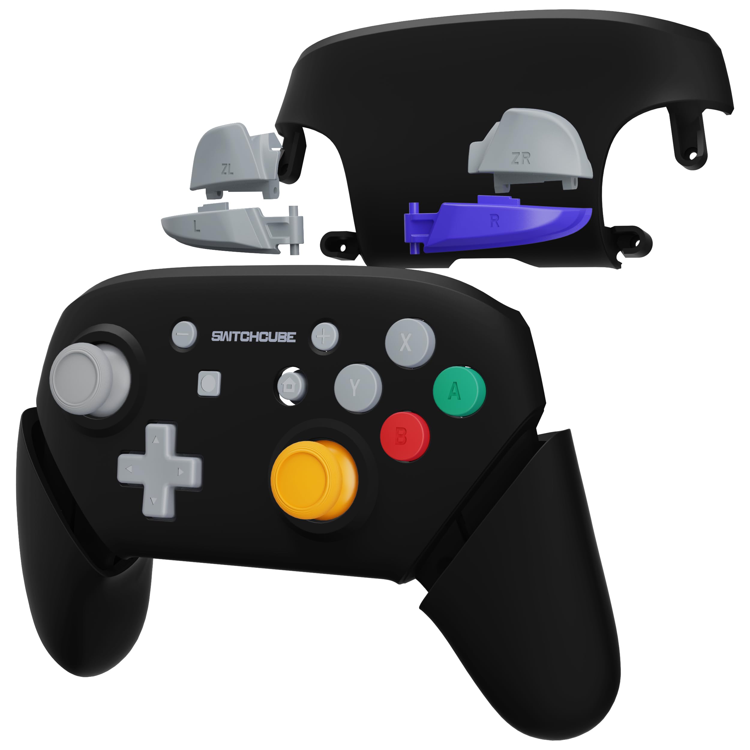 eXtremeRate Griff Hülle Set kompatibel mit Nintendo Switch Pro Controller, DIY-Ersatz Front Case/Back Shell&Handgriff Grips Case Gehäuse Zubehör für Switch Pro Controller-Schwarz SwitchCube Stil