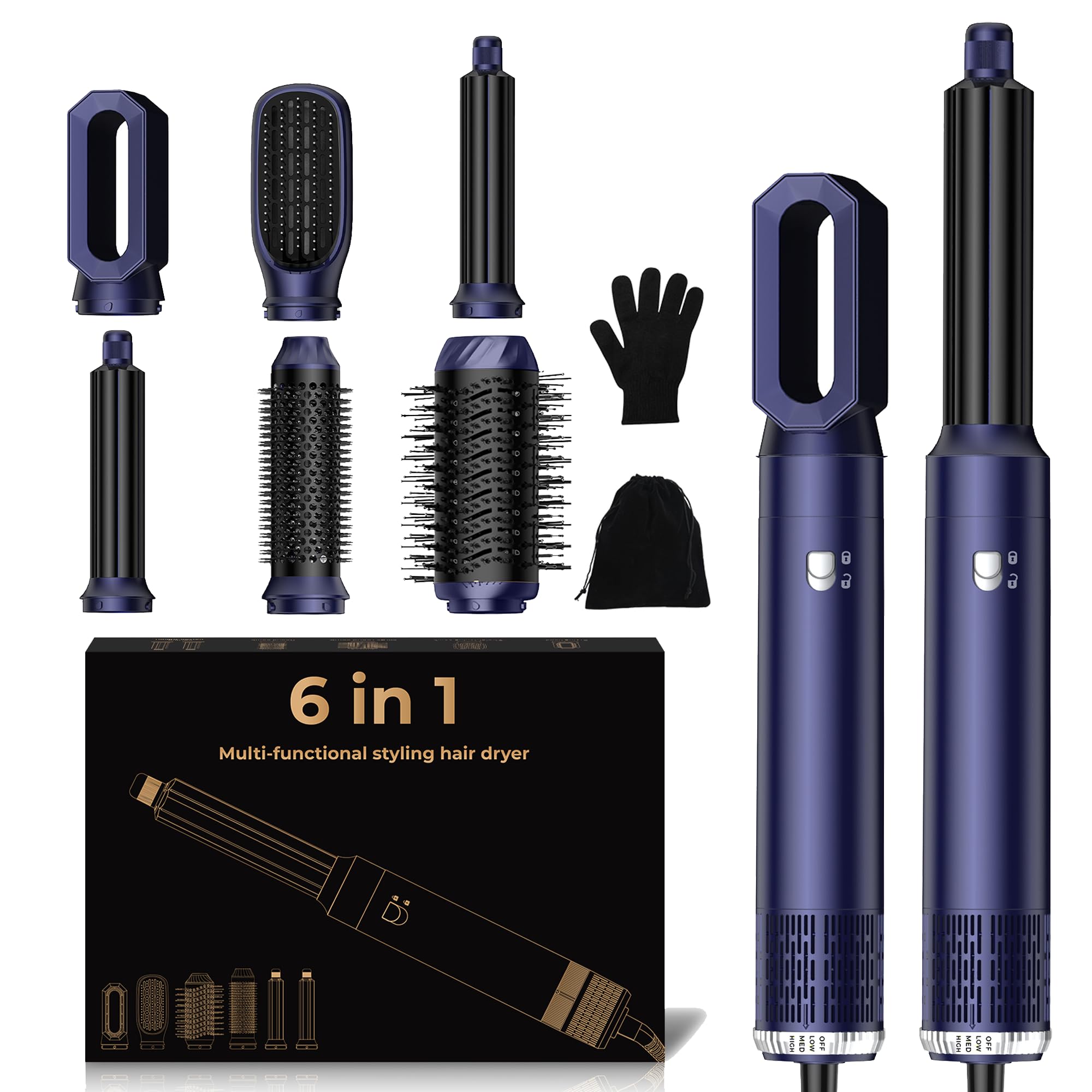 6 en 1 Hairstyler Pro, secador de pelo y rizador de aire con rizador automático de aire, secador de pelo, secador de pelo redondo, cepillo térmico, plancha de pelo, aerógrafo, juego de regalo para