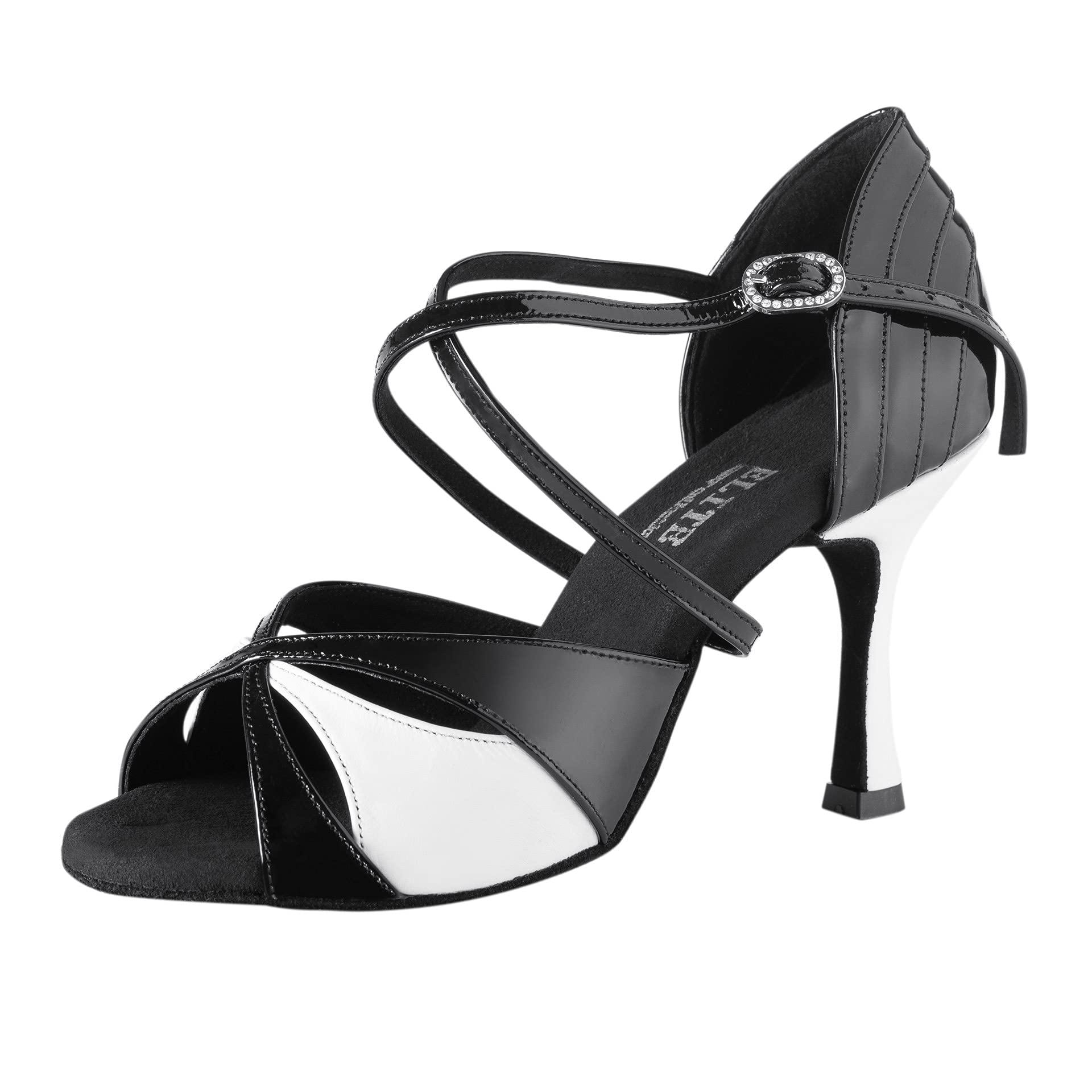 Rummos Donne Scarpe da Ballo Elite Paloma 035/004 - Pelle/Pelle Verniciata Noir/Bianco - Larghezza Normale - 7 cm 70R Flare Tacco - Made in Portugal
