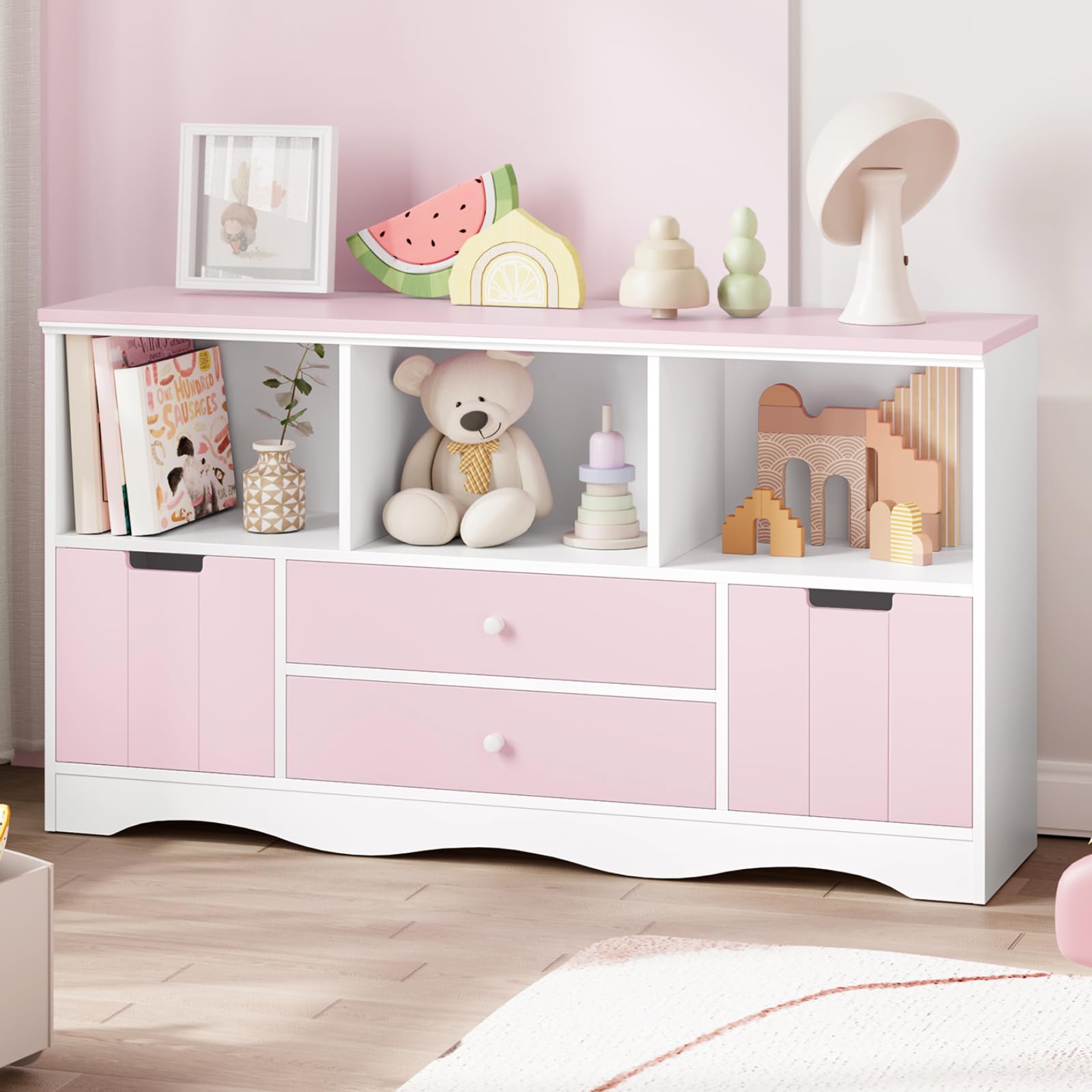 FOTOSOK 51.2" Large Toy Storage Organizer with 2 Drawers and 3 Cubbies, Toy Organizers and Storage for Books or Dolls, Bookshelf and Toy Storage for Playroom, Storage Cabinet for Nursery, Pink