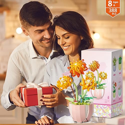 Miniatura 6 de PinkBee Ramo de flores mini juego de bloques de construcción de crisantemo juguetes de árbol bonsái regalos románticos del día de San Valentín para