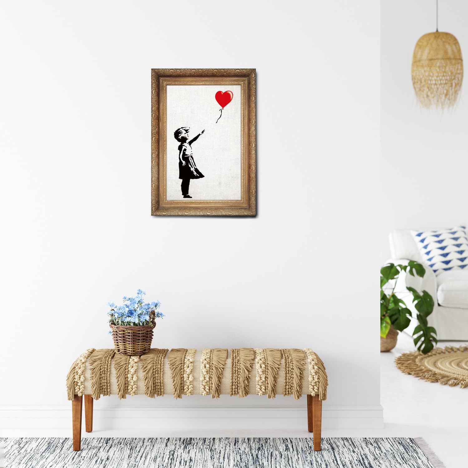 Giallobus - Cuadro - Banksy - Marco de globo de bebé niña - Lienzo con marco estándar - 50x70 - Listo para colgar - Cuadros modernos para el hogar