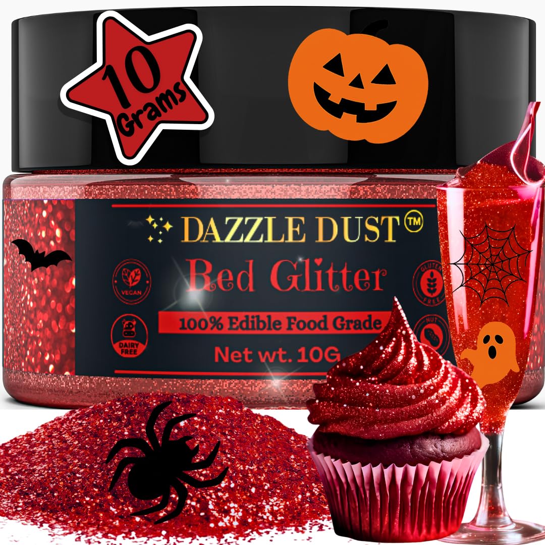 Dazzle Dust Edible Glitter Sprinkles for Cake Decorating, Drinks, Cookie, Icing, Dessert Decorations, Sparkly Luster, Food-Grade, Vegan, Gluten Free, Kosher, Bulk 10g, Red