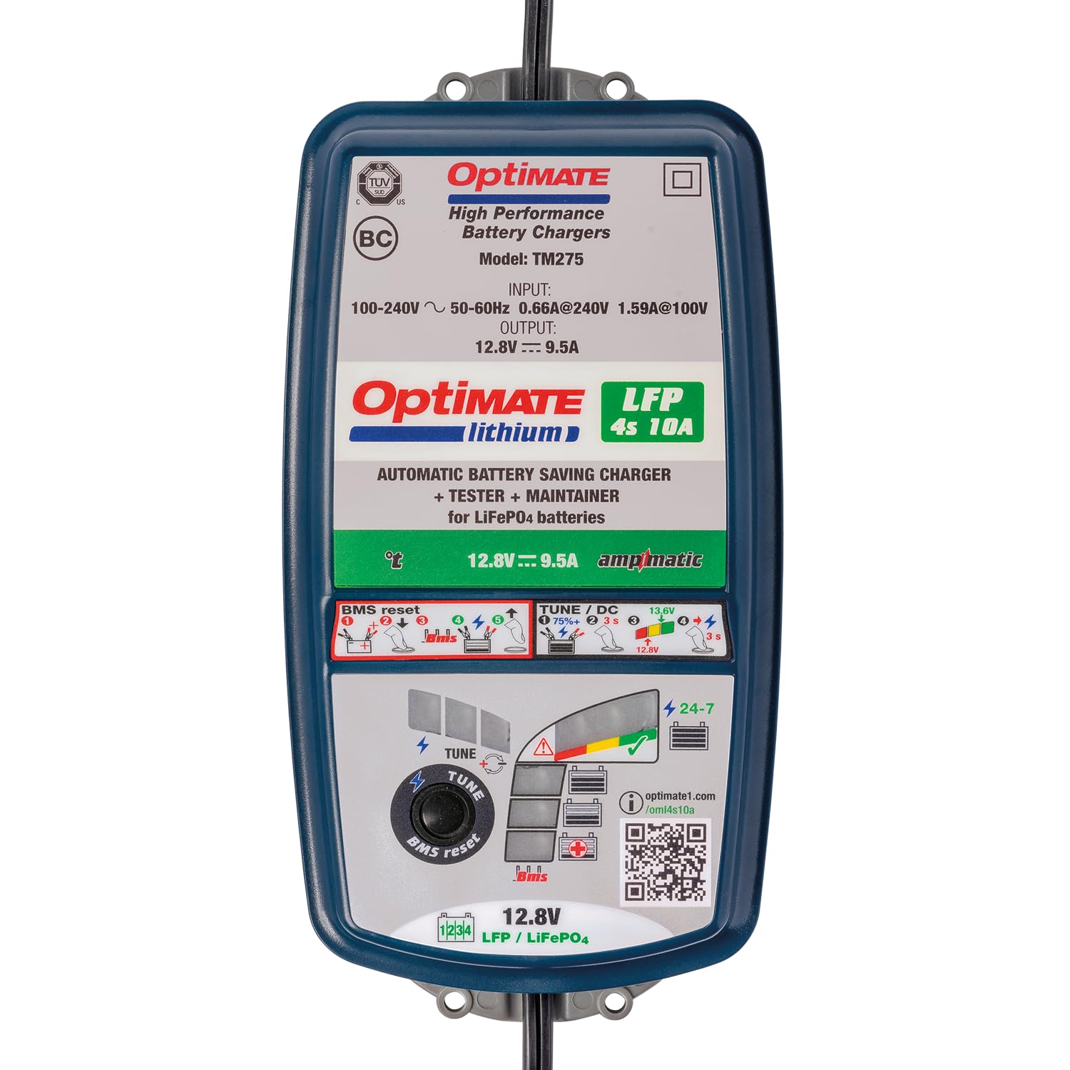 OptiMate Lithium 4s 10A 12,8V LiFePO4 Caricatore con Mantenimento – Programma Automatico 10 Fasi con Modalità TUNE – Sicuro Resistente – per Moto Auto ATV Nautica