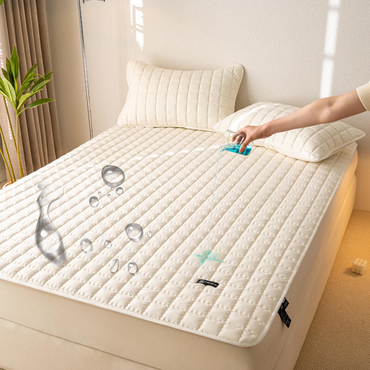 LDLCYCN ,A/beige,150 * 200cm/QUEEN, Waterproof Mattress Pad Cover with Corner Strap Quilted Mattress Protector
