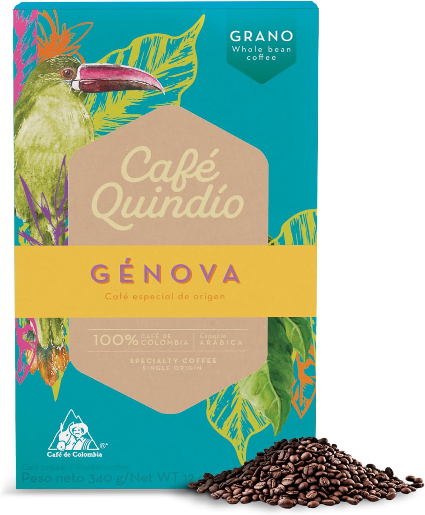 Cafe Quindio Genova Single Origin - Medium Roast 100% Colombian Excelso Whole Bean Arabica Coffee - 12 Ounce Bag (340g)