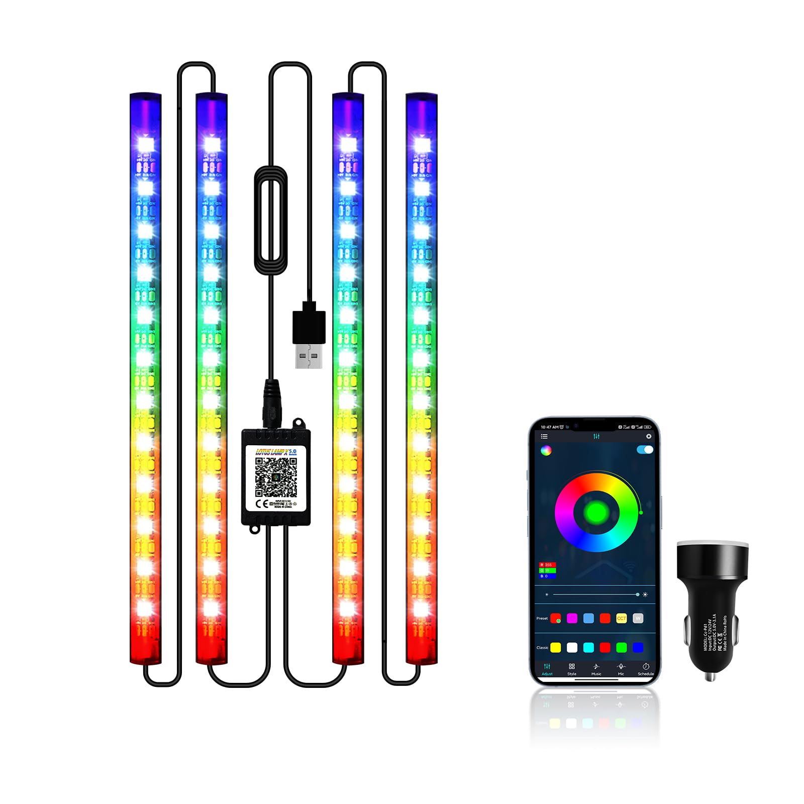 Samochodowe oświetlenie wewnętrzne LED, neonowe światła 12 V RGB, wewnętrzna listwa oświetleniowa, listwa świetlna na nogi, USB ze sterowaniem za pomocą aplikacji, pod deską rozdzielczą, światło