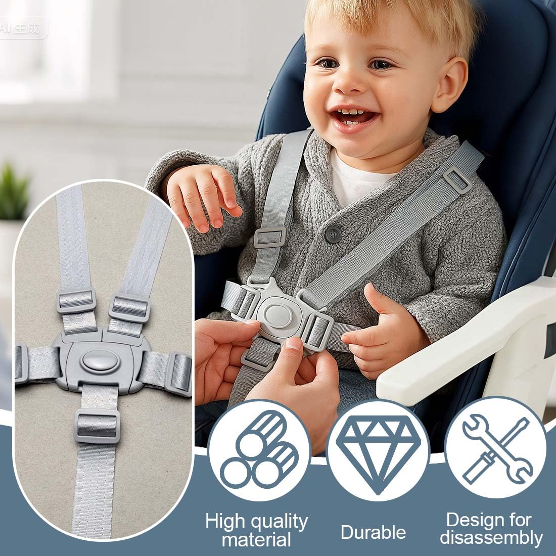 Cintura Di Sicurezza Per Seggiolone E Passeggino - A 5 Punti, Regolabile, Per Bambini - Grigio