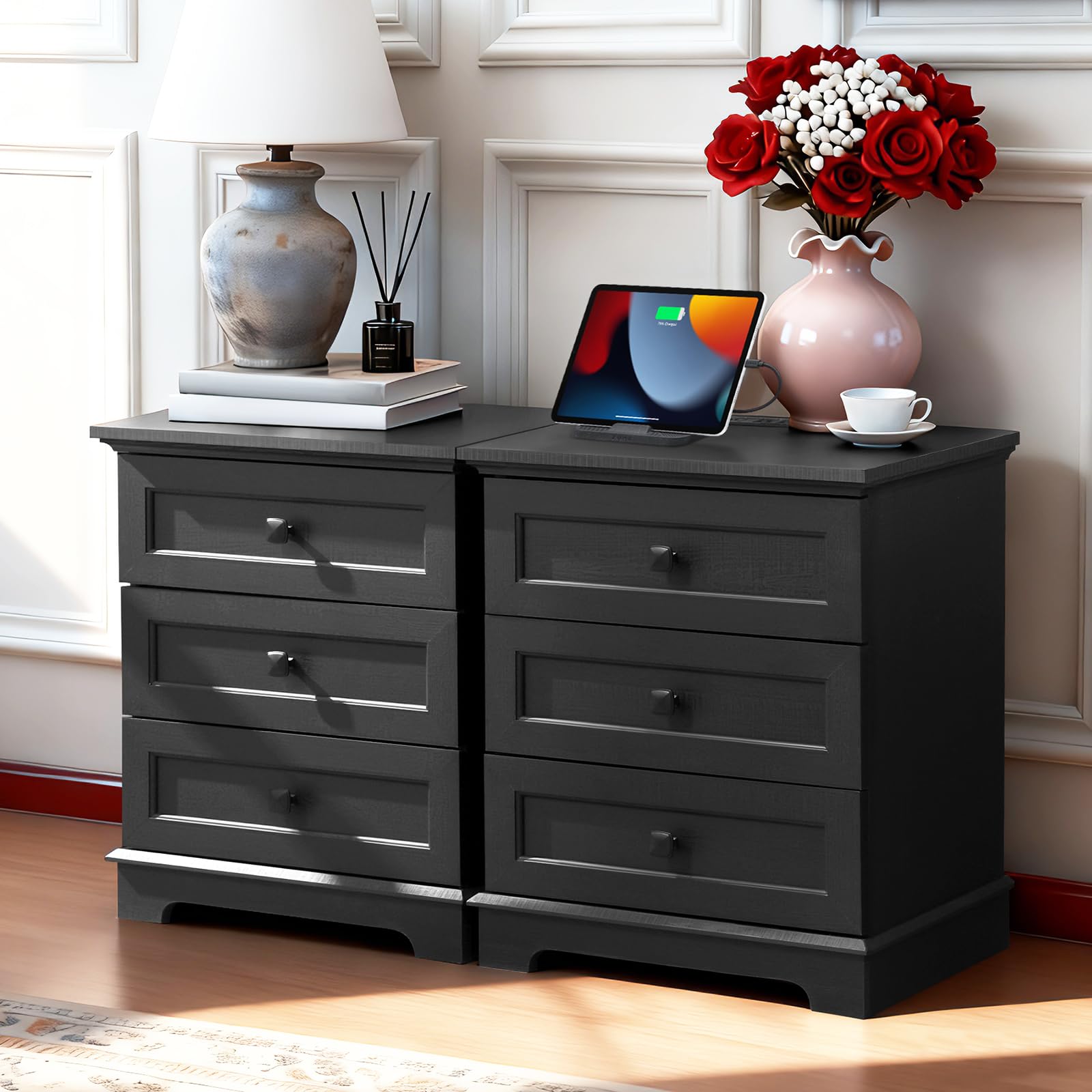 20-Inch Wide Modern Nightstands Set of 2 with Charging Station, End Tables with 3 Large Drawers, Simple Design Bedside Table for Bedroom and Office,