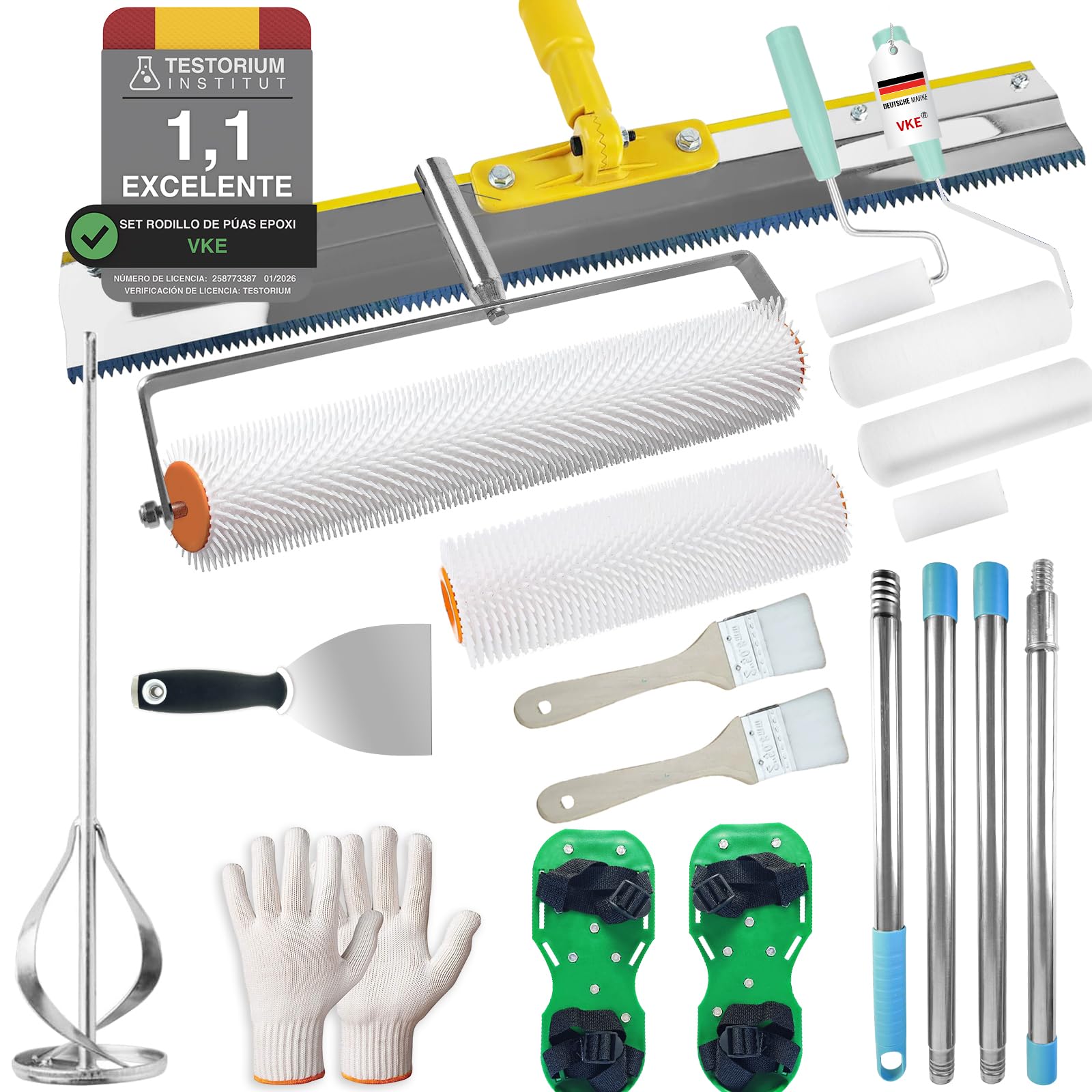 VKE kit de Herramientas de Autonivelación de Cemento, Rodillo de Púas Autonivelante 11mm, Varilla Mezcladora Taladro 40cm, Zapatos con Pinchos Para Cesped 30mm,Rascador de Acero,Palo Telescopico162cm