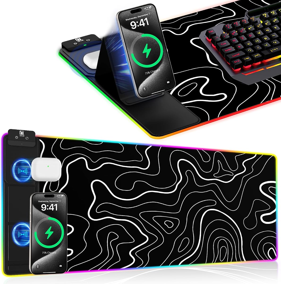 Alfombrilla de Ratón XXL con Soporte para Teléfono - Negro, Alfombrilla de Escritorio RGB con Carga Rápida de 15W, Alfombrilla de Ratón para Juegos LED con 11 Colores de Luz, Almohadilla Antideslizante Impermeable para Oficina y Hogar (Topográfico)