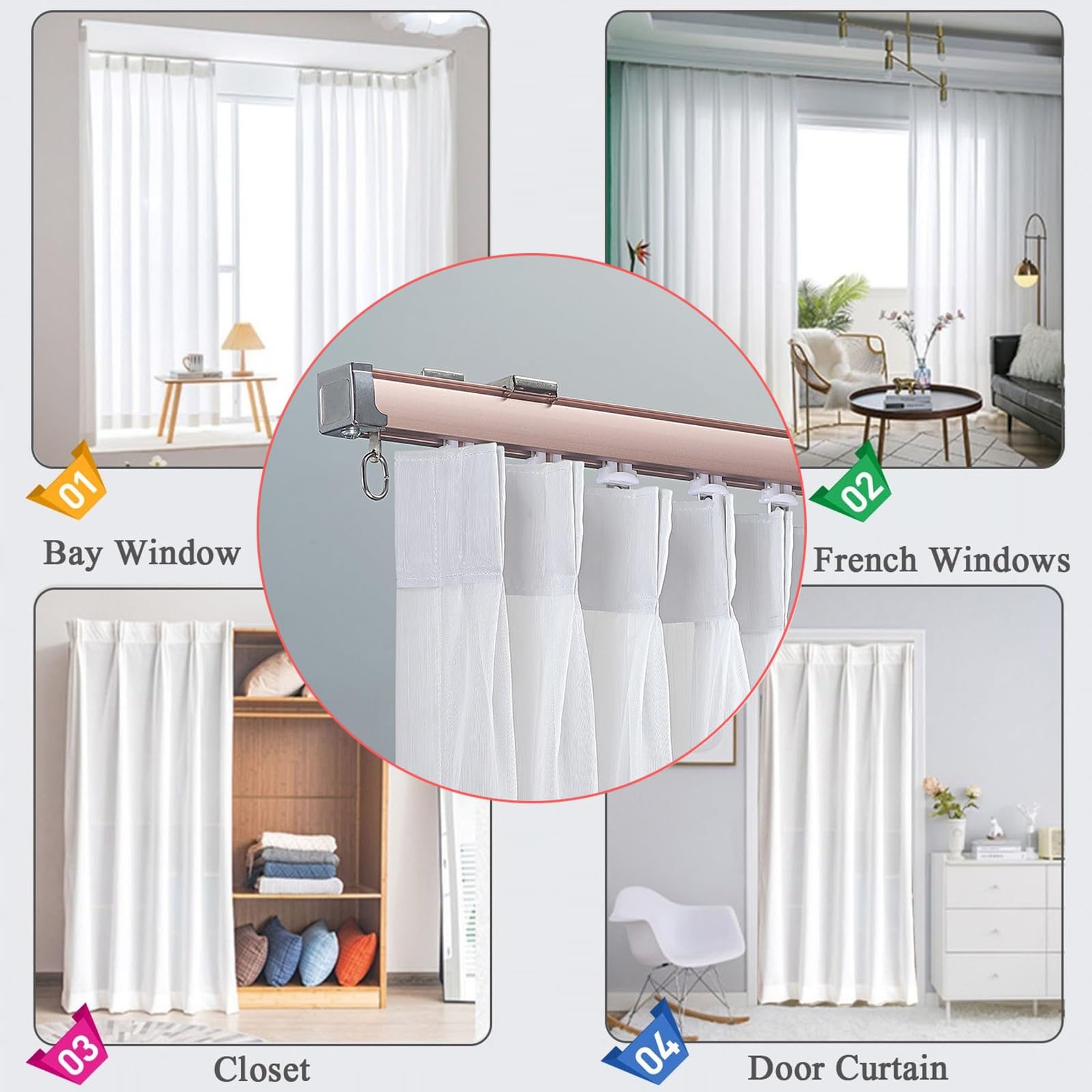 Rail Rideaux Plafond Rail de Rideau Robuste, Rail Pour Rideaux Kit en Aluminium à Montage au Plafond ou au Mur, avec Kits Complets(Pink-Ceiling,4.5m(3 * 1.5m))